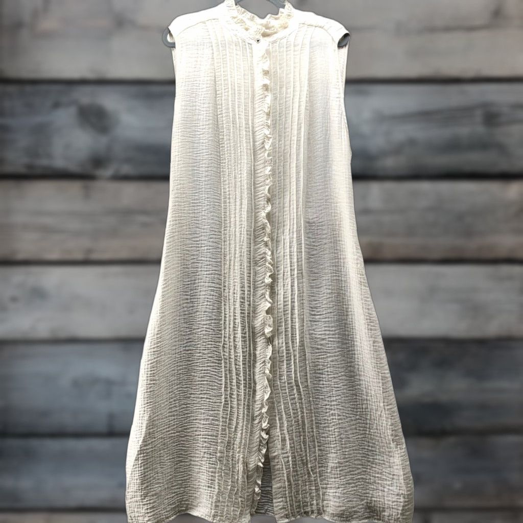 H&M VINTAGE HM Sleeveless Ruffle Midi Shirt Dress XL Ivory Crinkle Lyocell Blend Seersucker Shirt Dress Women XL White Bohemian Peasant 90s? Size XL / US 12-14 / IT 48-50 - 1 Thumbnail