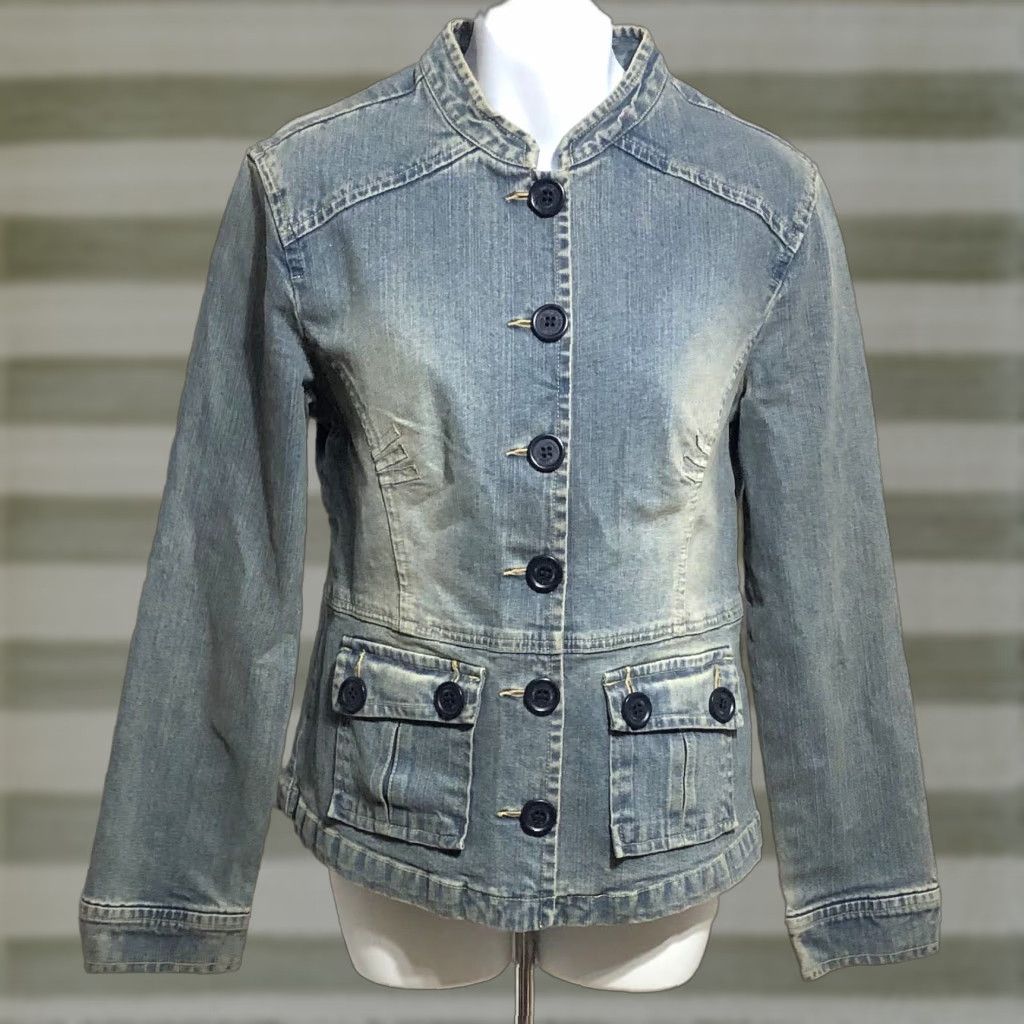 Vintage VINTAGE Union Bay Blue Jean Jacket L Mock Collar Pockets Stretch Denim Grunge Trucker Size 36" / US 14 / IT 50 - 1 Thumbnail