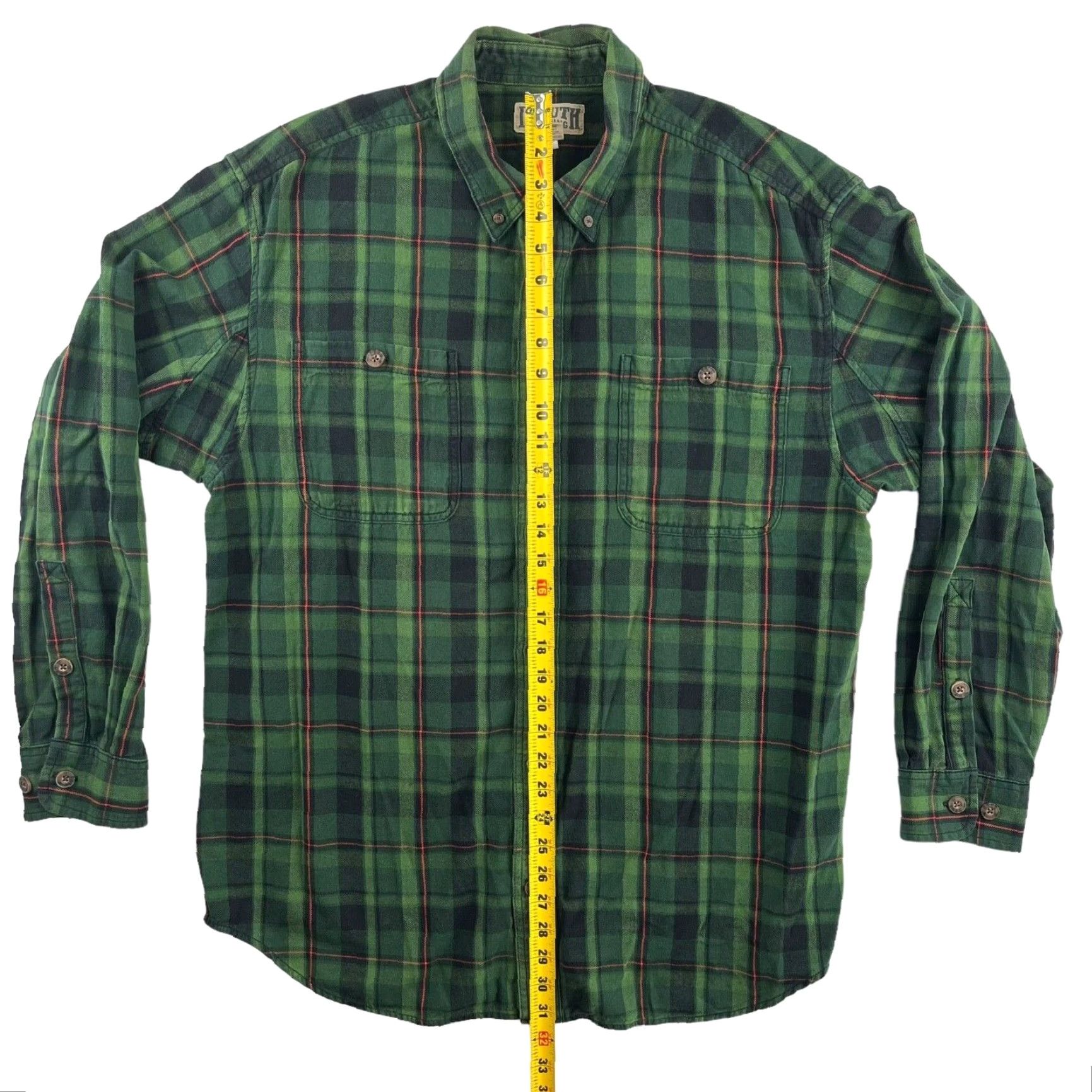 Duluth Duluth Trading Co. Men's Green Plaid Cotton Twill Button-Down Shirt LARGE Size L Regular Button-Up Button-Down Collar Style Button-Front Men's