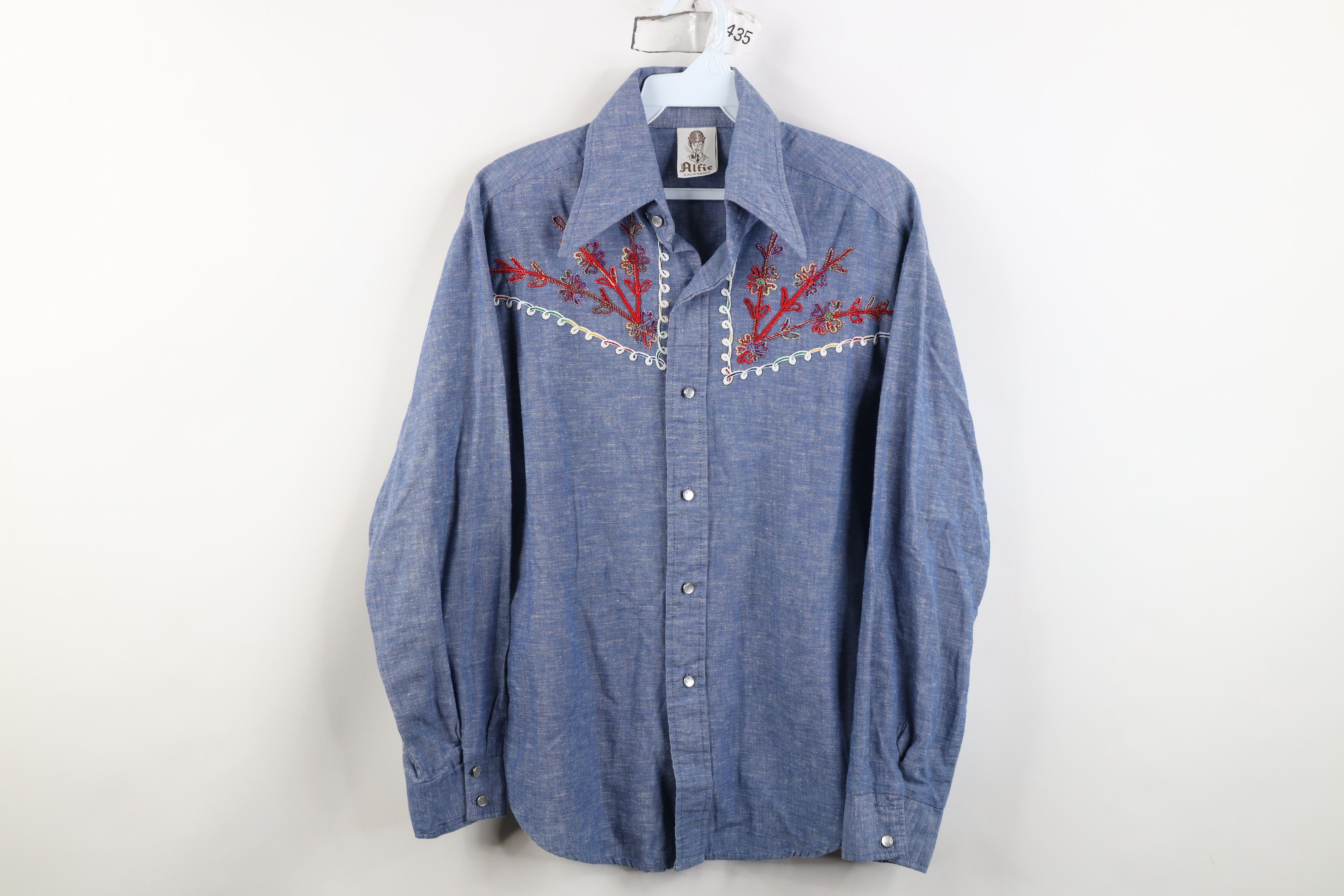 Vintage Vtg 60s 70s Chambray Embroidered Flower Collar Button Shirt Size US S / EU 44-46 / 1 - 1 Thumbnail