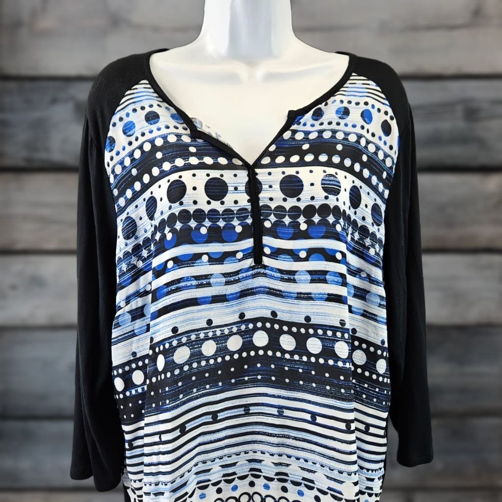 Vintage Chico's Womens Blouse Shirt 3/4 Sleeve Striped Blue Black Polyester Rayon Spandex L Large Size L / US 10 / IT 46 - 1 Thumbnail