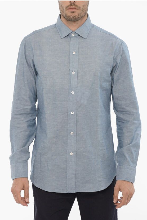 image of Salvatore Piccolo Spread Collar Cotton Shirt in Blue, Men's (Size Small)