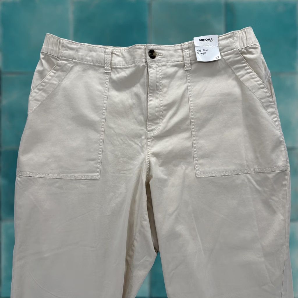 Vintage Sonoma Khaki Pants Womens 1X Beige Stretch Twill Elastic Waist Pockets NWT Casual Size 40" / US 18 - 1 Thumbnail