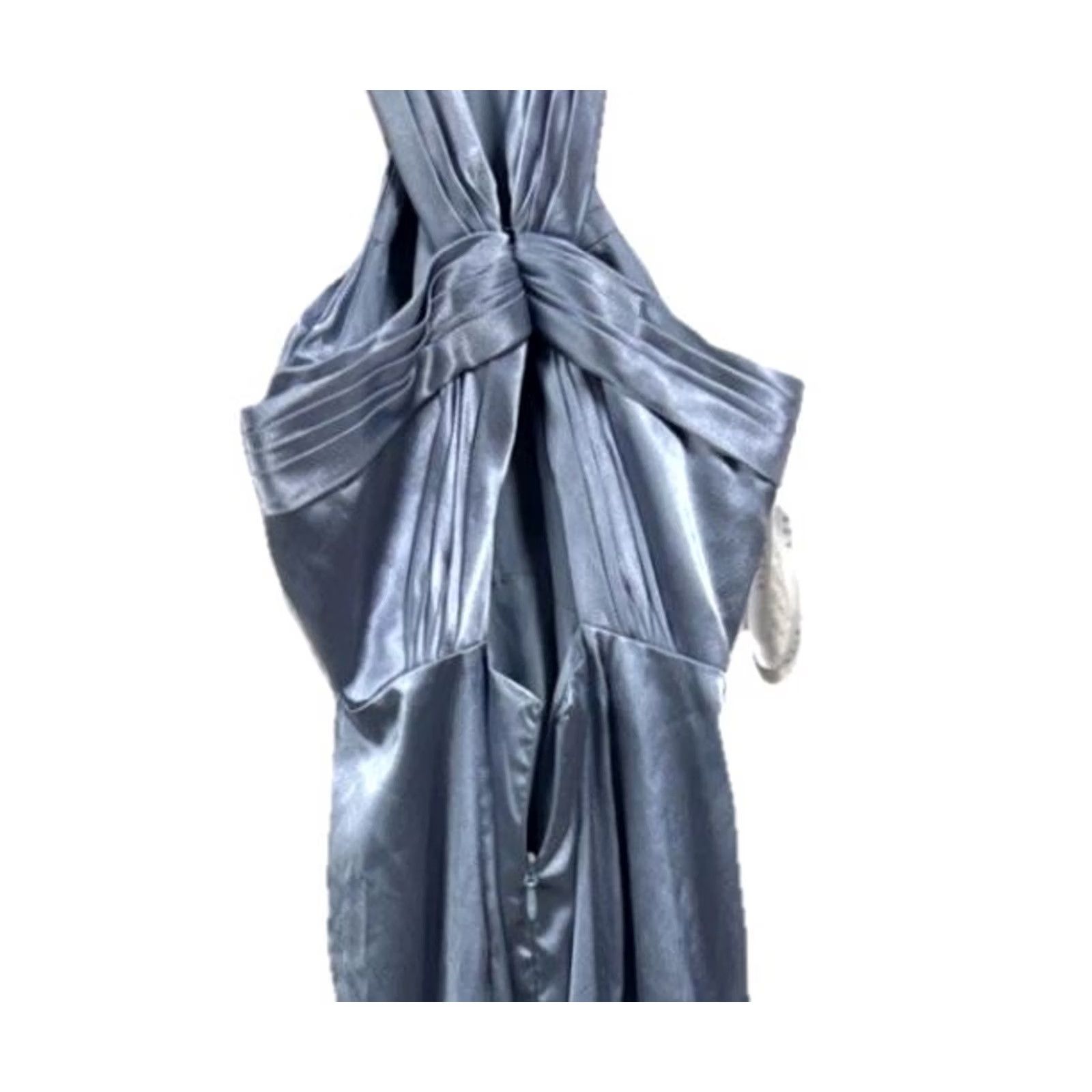 Vintage Azazie Satin Halter Bridesmaid Dress A12 Slate Blue Open Back Formal Prom Gown Size ONE SIZE - 7 Thumbnail
