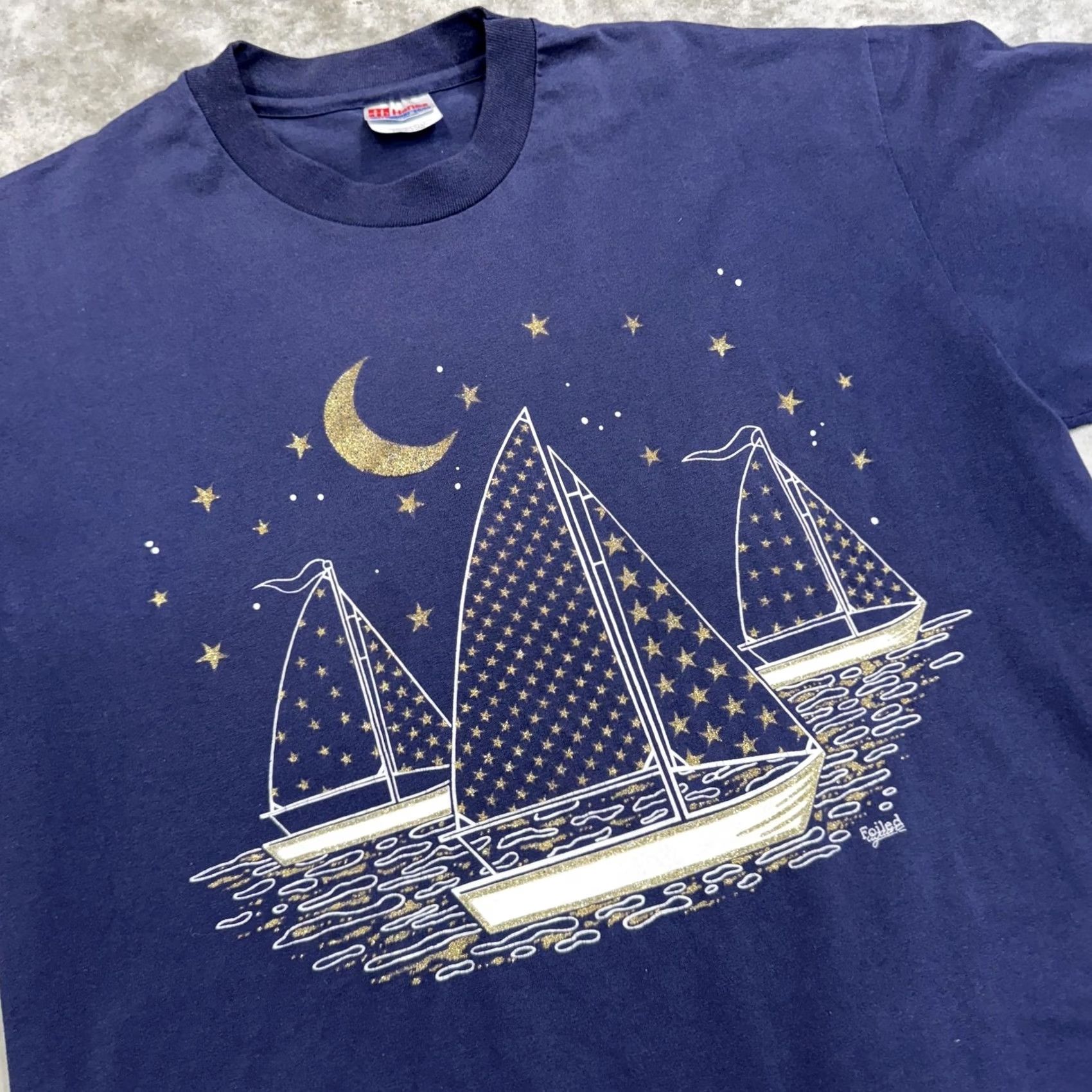Hanes VINTAGE Hanes Shirt Mens L Blue Sailboat Moon Graphic Tee Nautical 90s Mens Size US L / EU 52-54 / 3 - 2 Thumbnail
