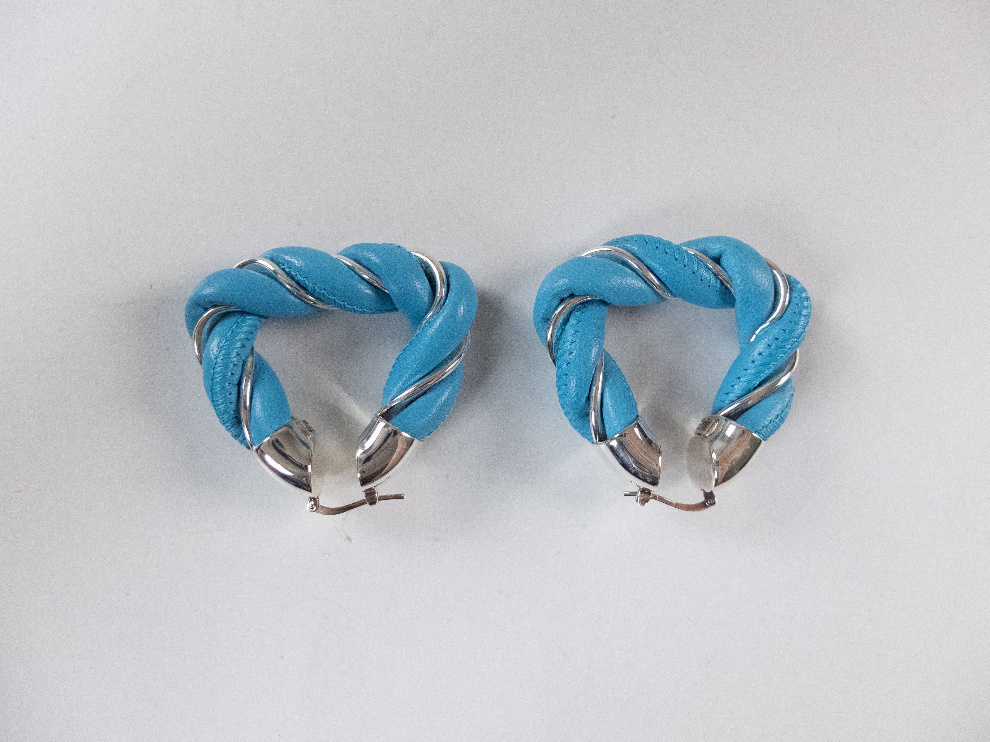 Bottega Veneta BOTTEGA VENETA Twist triangle blue leather silver earrings q Size ONE SIZE - 3 Thumbnail