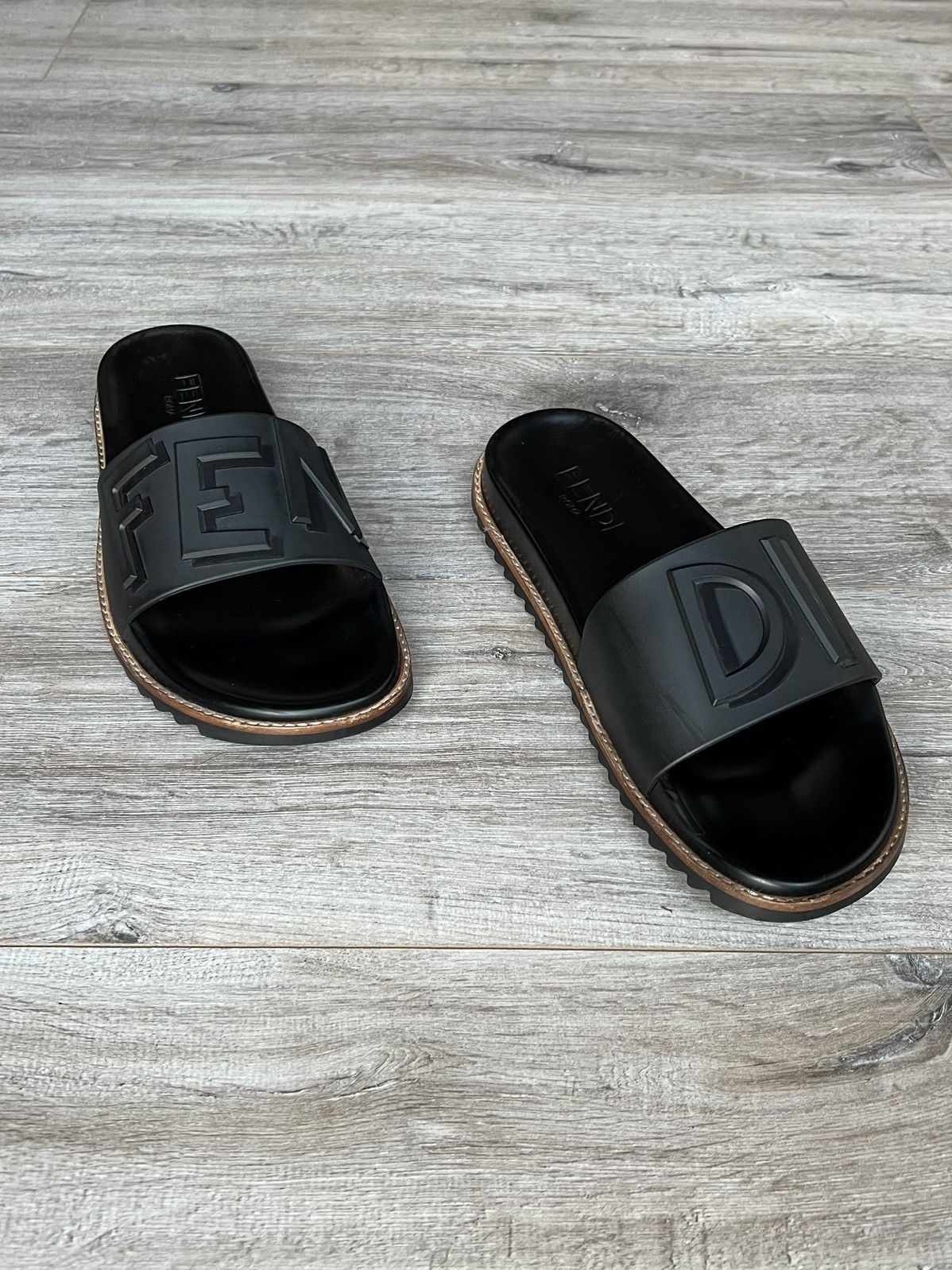 image of Fendi Sandals Vocabulary Slides Ff Embossed Big Logo 7X1148 in Black, Men's