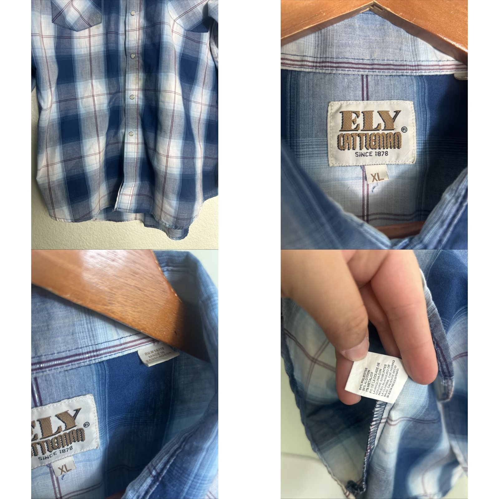 Vintage Ely Cattlemen Mens XL Short Sleeve Pearl Snap Shirt Blue Plaid Cotton Size US XL / EU 56 / 4 - 8 Thumbnail