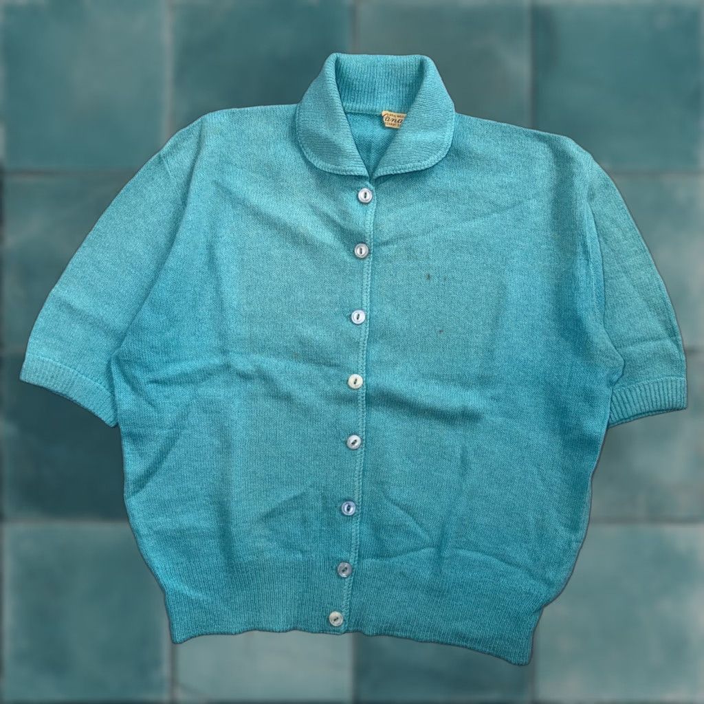 Vintage VTG 1940s Wool Cardigan Sweater Rockabilly Womens Knit Blue Button Rabbit Size M / US 6-8 / IT 42-44 - 1 Thumbnail