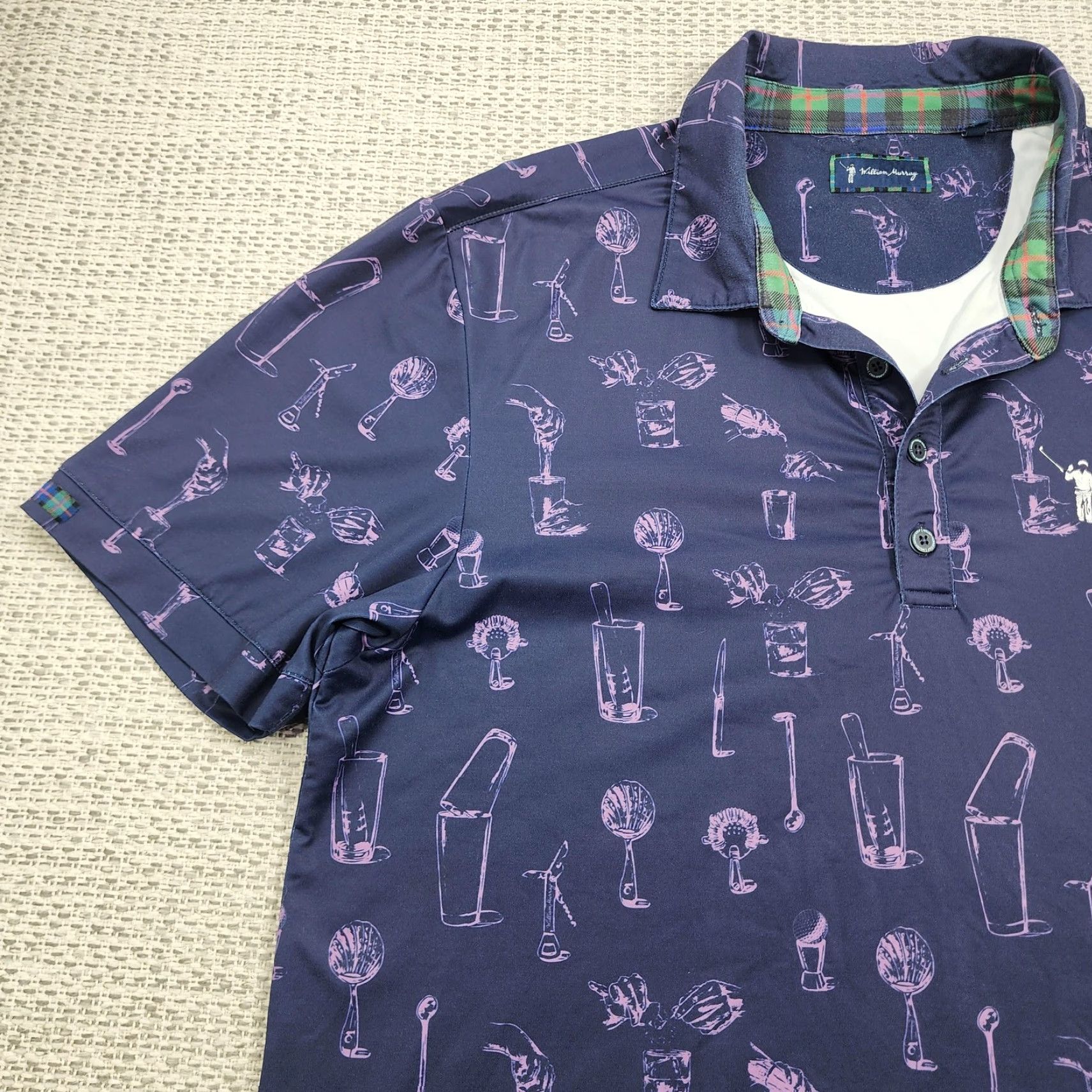 Vintage William Murray Polo Shirt Mens Large Navy Pink Golf Cocktails Print Performance Shirt Size US L / EU 52-54 / 3 - 3 Thumbnail