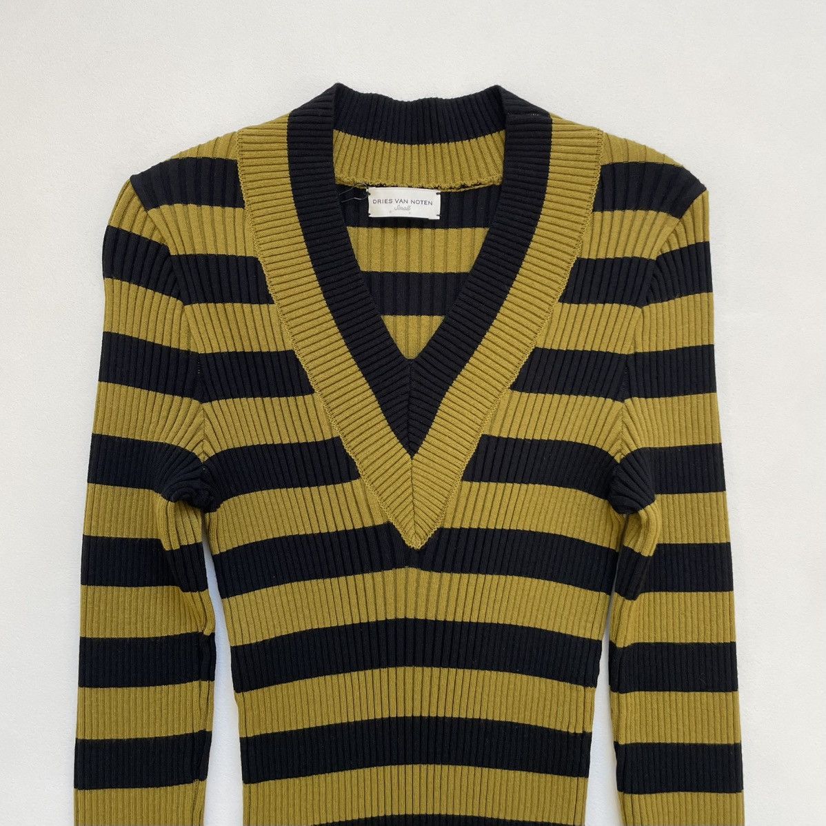 Dries Van Noten Olive/Black Striped Ribbed Knit Sweater Size S / US 4 / IT 40 - 2 Thumbnail