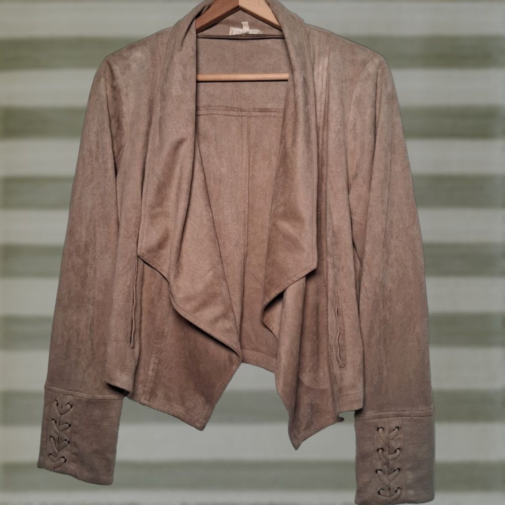 Vintage Mystree Blazer Women M Beige Open Front Boho Office Faux Suede Cropped Bolero Long Sleeve Open Front 90s Bohemian Size M / US 6-8 / IT 42-44 - 1 Thumbnail