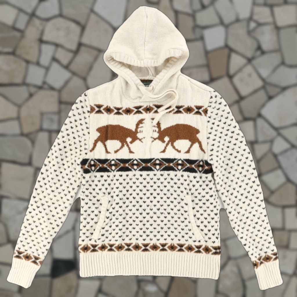 Vintage American Eagle Sweatshirt Shirt Deer Knit Hooded Pullover Cream Mens S Size US S / EU 44-46 / 1 - 1 Thumbnail