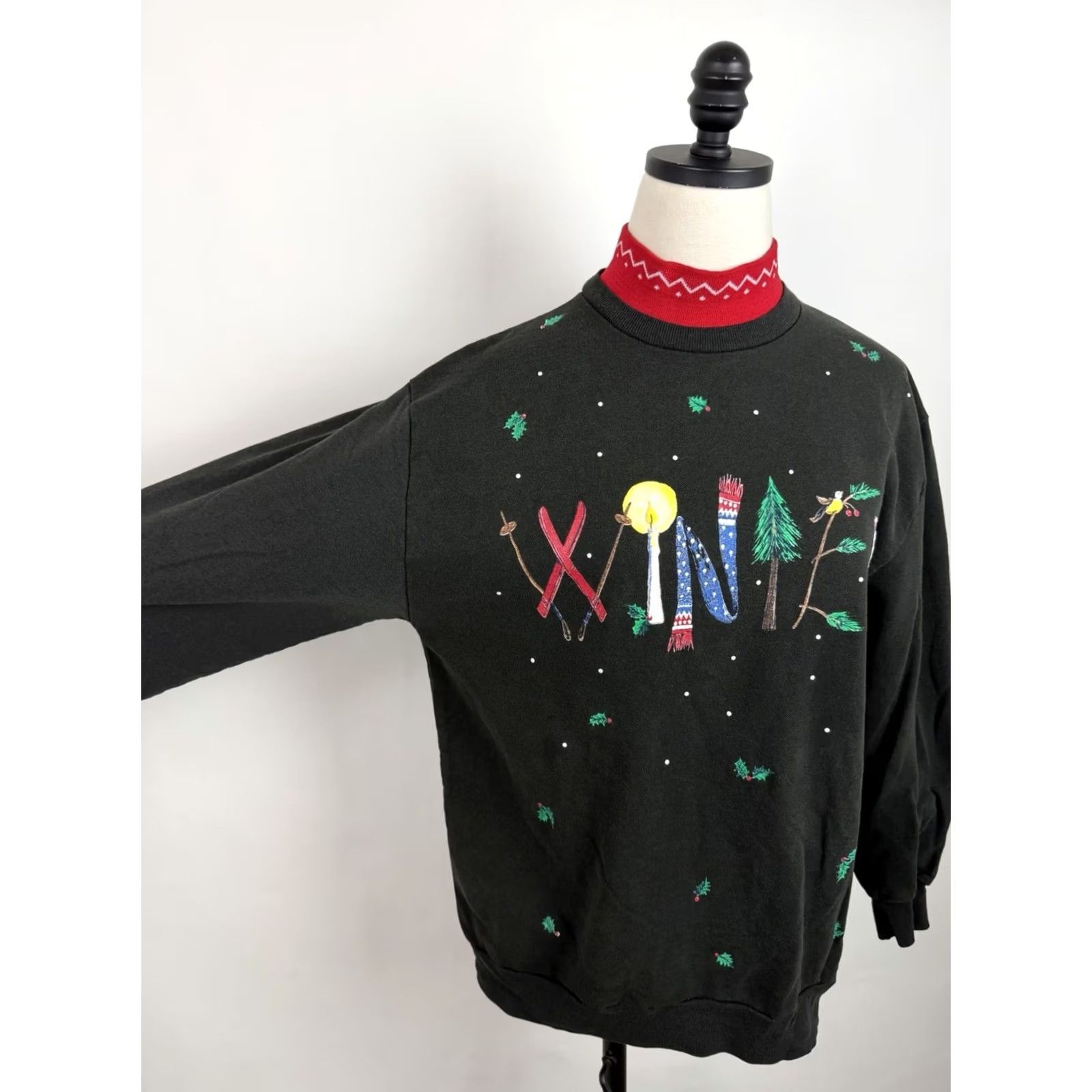 Vintage VINTAGE Bobbie Brooks Sweatshirt Womens Medium Mock Neck Christmas Holiday Pullover Knit Black 80s 90s Vintage Womens Medium Sweatshirt Size M / US 6-8 / IT 42-44 - 4 Thumbnail
