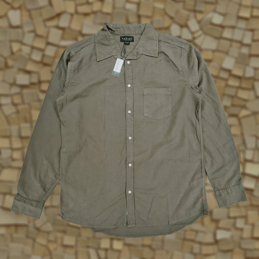 Velvet Velvet by Graham & Spencer Shirt Mens Khaki Green Small Long Sleeve Button-Up Collared 100% Cotton Regular Fit Blackout? Size US S / EU 44-46 / 1 - 1 Thumbnail