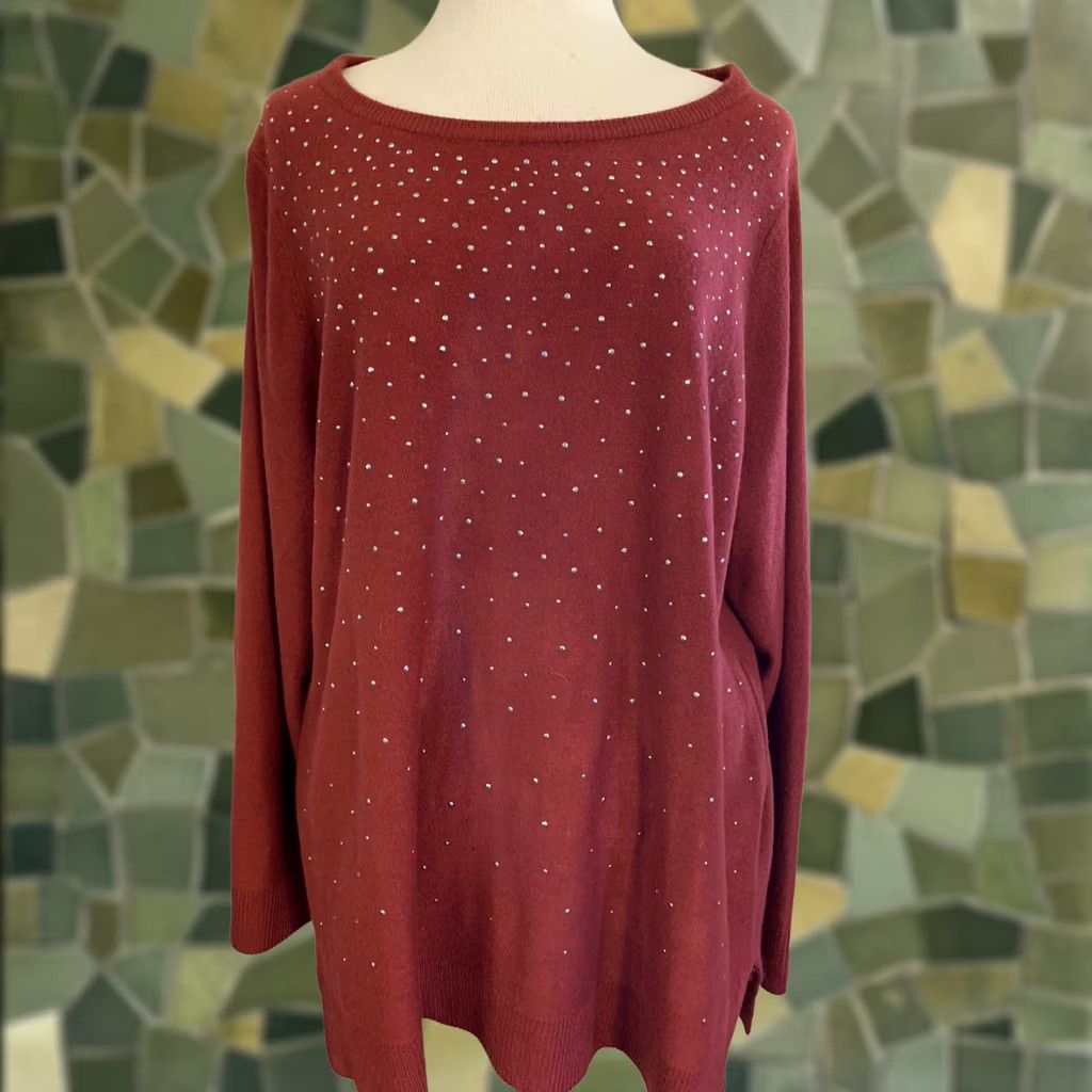 Apt. 9 Apt 9 Womens Tunic Sweater Round Neck Burgundy Studded 1X Long Sleeve Lightweight Knit Pullover Women Winter Style Mens Womens Girls Size XL / US 12-14 / IT 48-50 - 1 Thumbnail