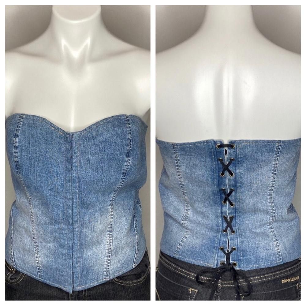 Designer Retro Denim Lace-Up Corset w/ Hook and Eye Front Closure, L Size L / US 10 / IT 46 - 1 Thumbnail