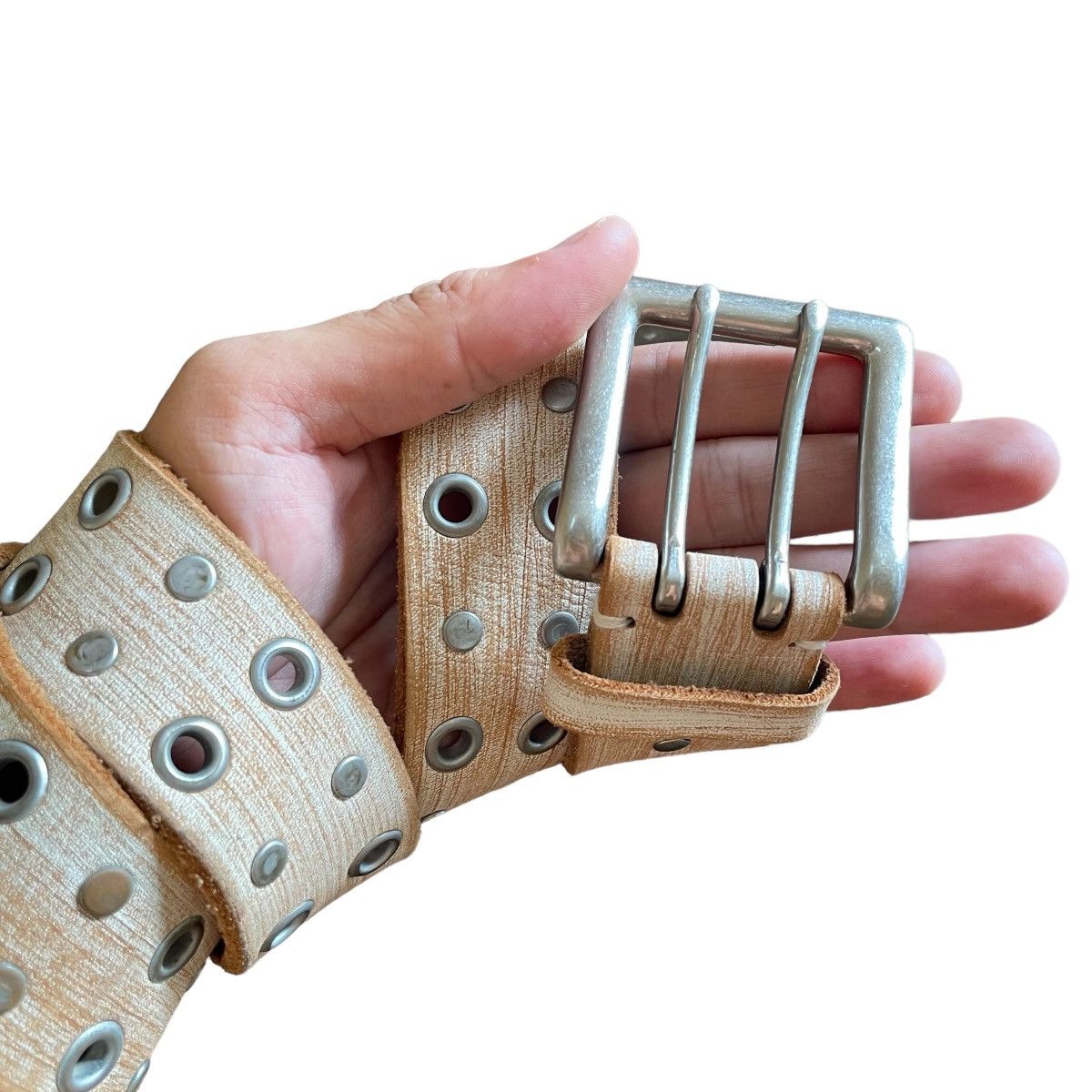 If Six Was Nine × Le Grande Bleu (L.G.B.) Vintage Studded Rivet Leather Wood Style Belt Size ONE SIZE - 4 Thumbnail