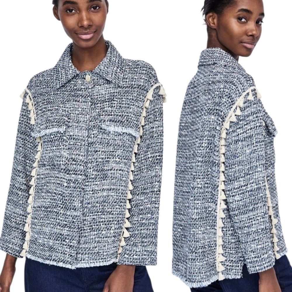 Zara Zara Tweed Jacket Boho Western Tassel Pockets Medium Blue/Wh Size M / US 6-8 / IT 42-44 - 2 Thumbnail