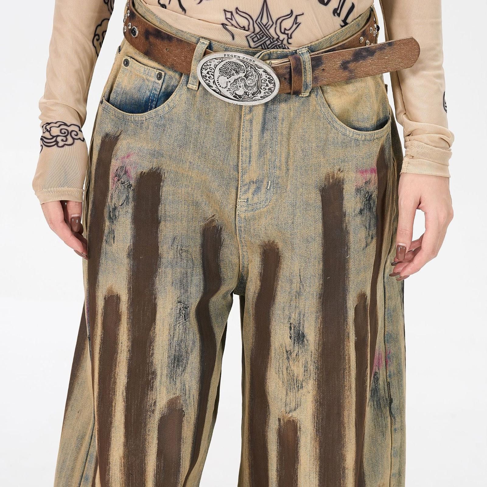 Vintage Brown Tie-Dye Wide Leg Jeans, Baggy Denim Pants Size 27" / US 4 / IT 40 - 4 Thumbnail