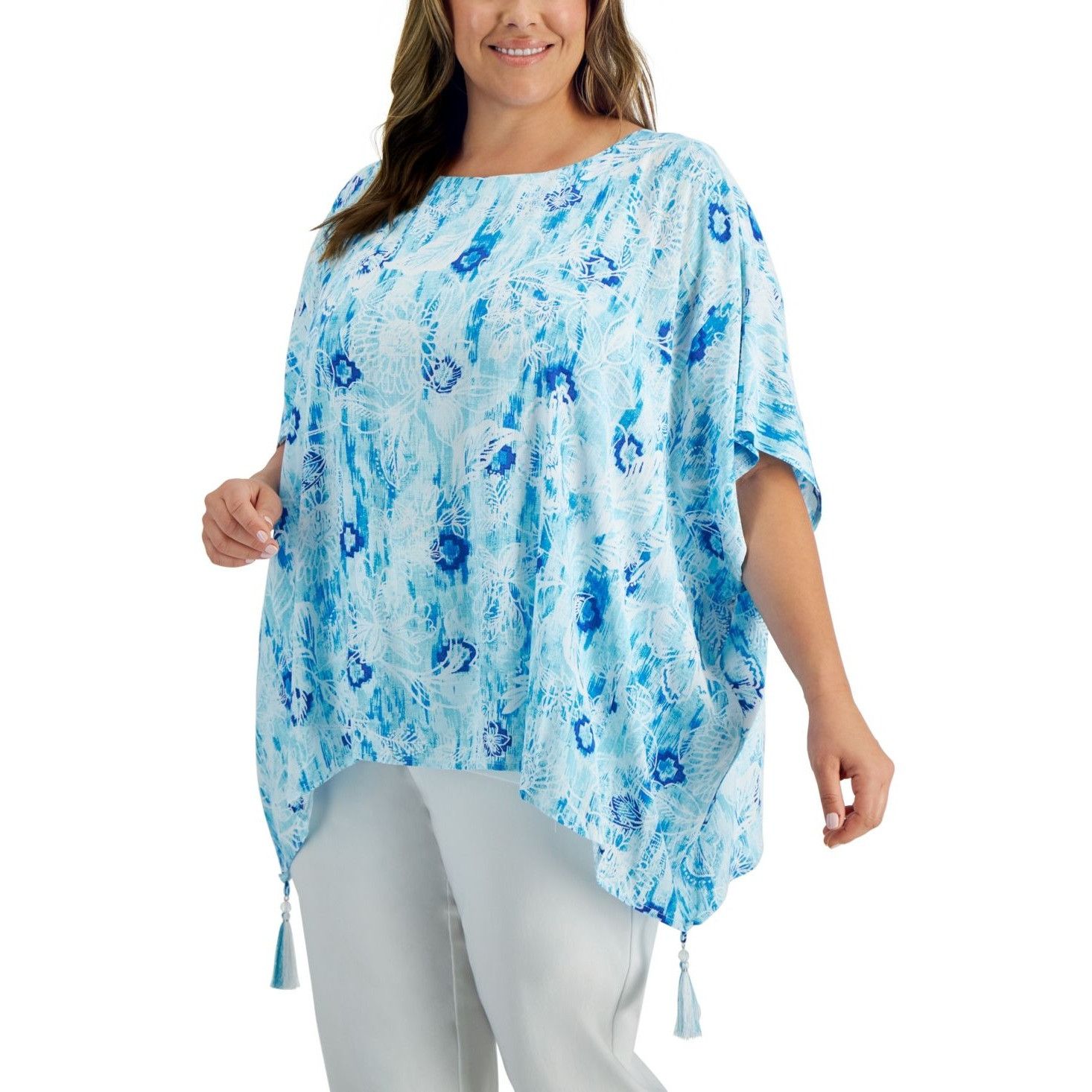 JM Collection JM Collection Plus Size Printed Gauze Poncho Top, Seafoam Bl Size ONE SIZE - 11 Thumbnail