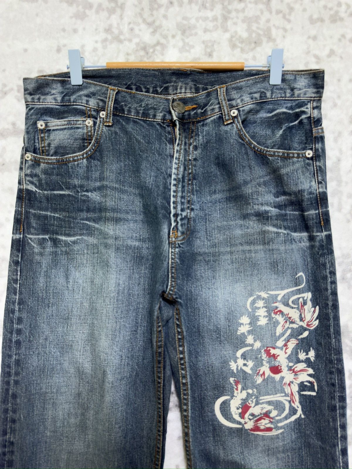 Japanese Brand Rare Japan Traditional Koi Acid Wash Printed Denim Pants Size US 34 / EU 50 - 3 Thumbnail