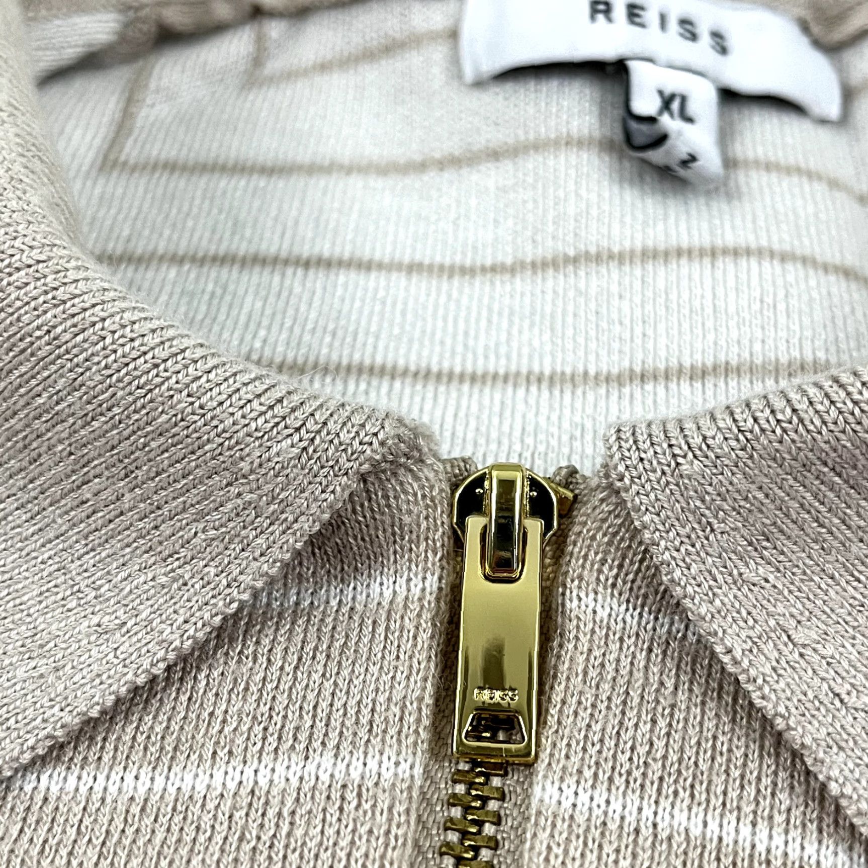 Reiss REISS Shirt Men L/XL Brown White Striped Zip Collar Preppy Old Money Jumper Polo Mens Size US XL / EU 56 / 4 - 7 Thumbnail