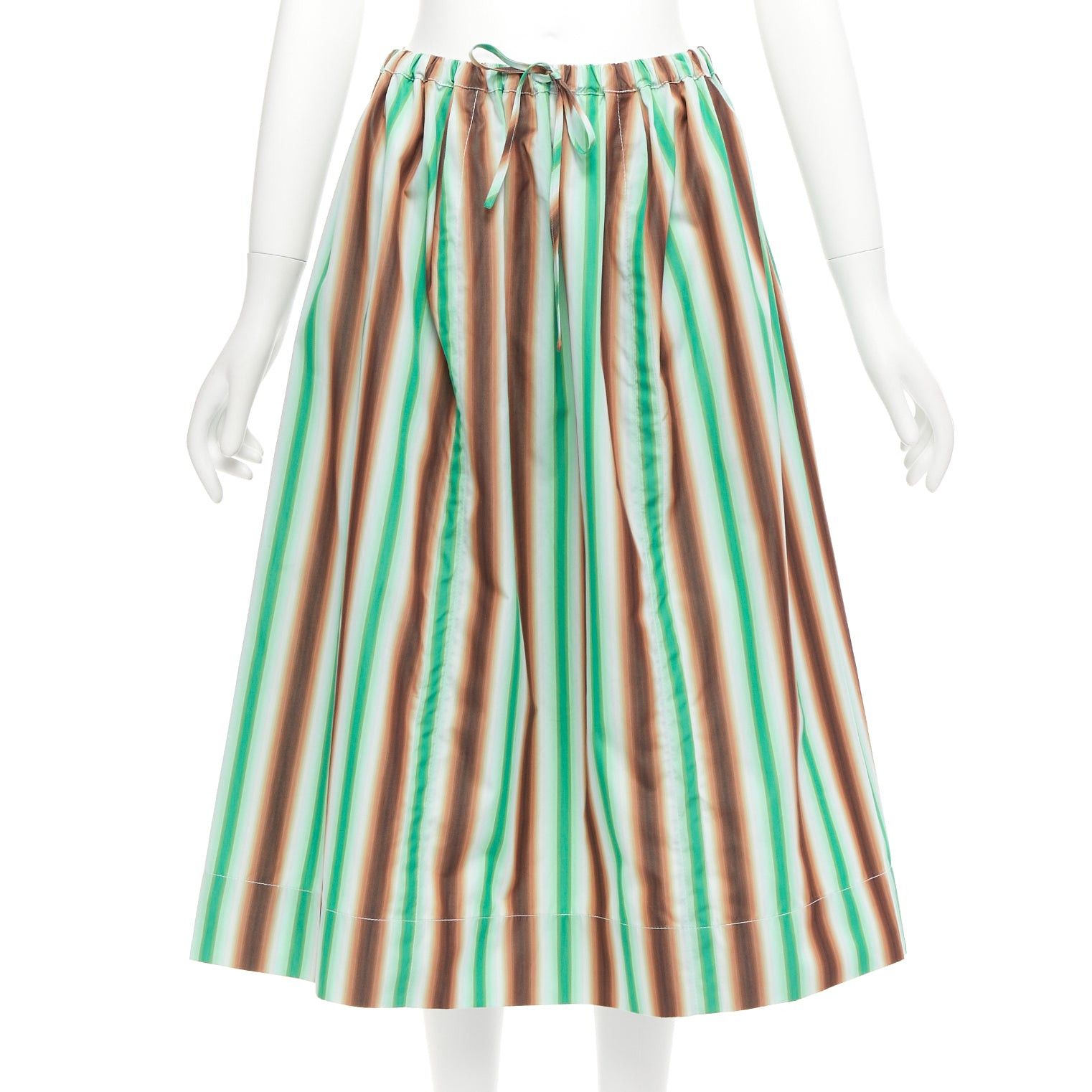image of Marni Graphic Green Brown White Striped Cotton Midi Parachute Skirt It38 Xs, Women's (Size 26)