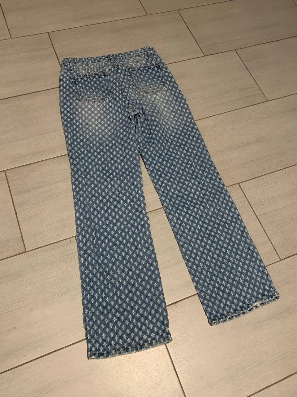 image of Virgil Abloh Cross Monogram Designer Luxury Fashion Style Y2K Denim in Blue White, Men's (Size 29)