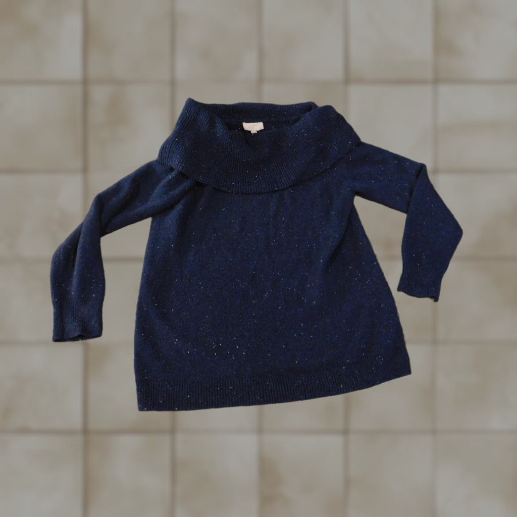Loft LOFT Sweater Pullover Knit Cowl Neck Long Sleeve Blue Cotton Polyester Spandex Womens Large Stretch Regular Fall Winter Spring Casual Designer Modern Size L / US 10 / IT 46 - 1 Thumbnail