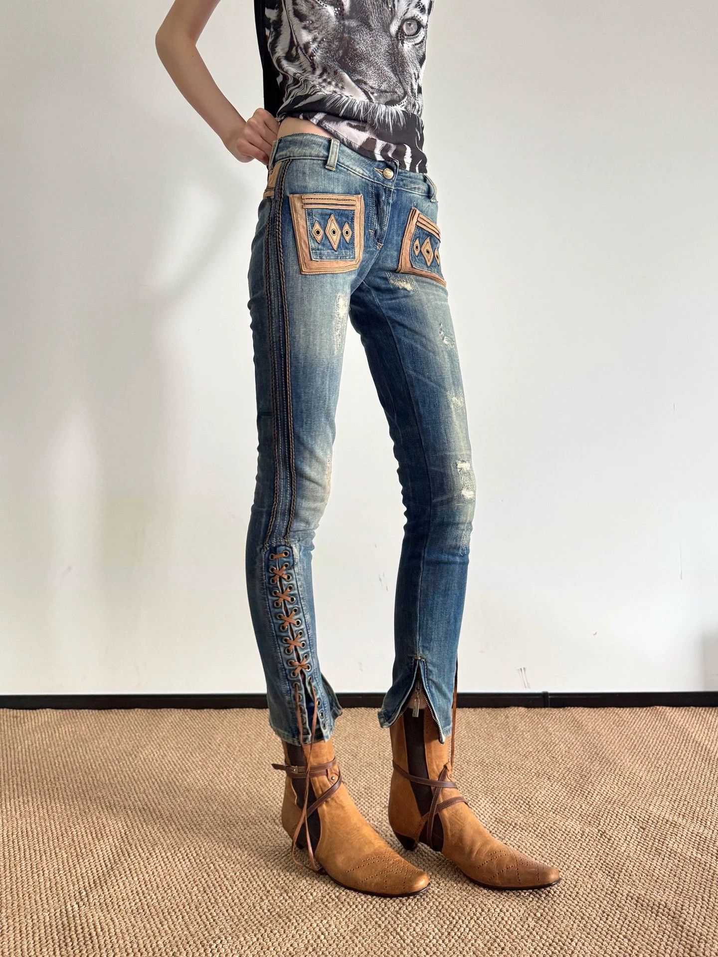 Just Cavalli Just Cavalli Panelled Leather Strap Jeans Size 25 Size 25" / US 0 / IT 36 - 7 Thumbnail