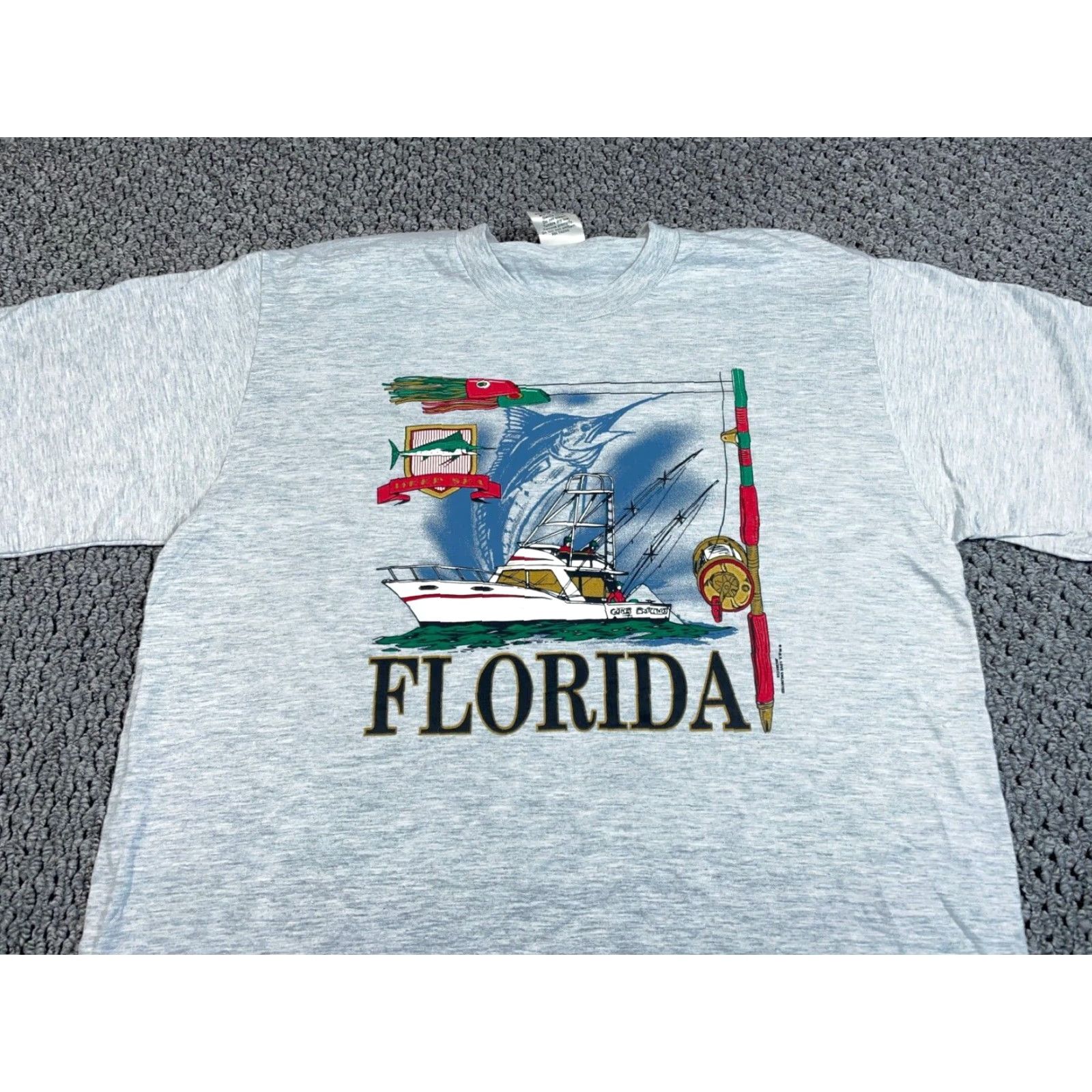 Nautica VINTAGE Florida Nautical Graphic T-Shirt Adult XL Gray 1999 90s Boat Fish Crew Neck Men Shirt Size US XL / EU 56 / 4 - 4 Thumbnail