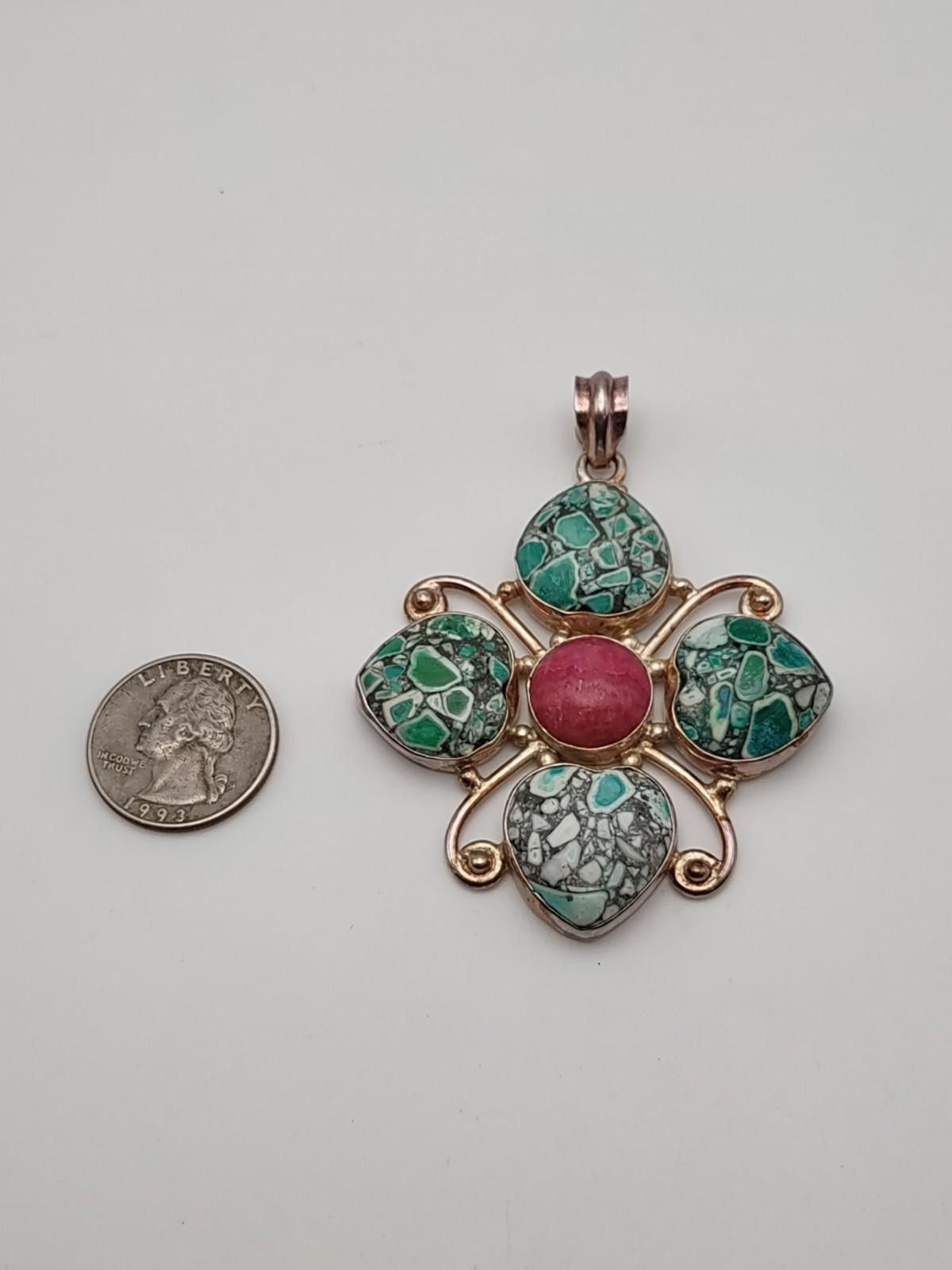 The Unbranded Brand Large Sterling Mosaic Turquoise Pendant 26.7g Size ONE SIZE - 3 Thumbnail