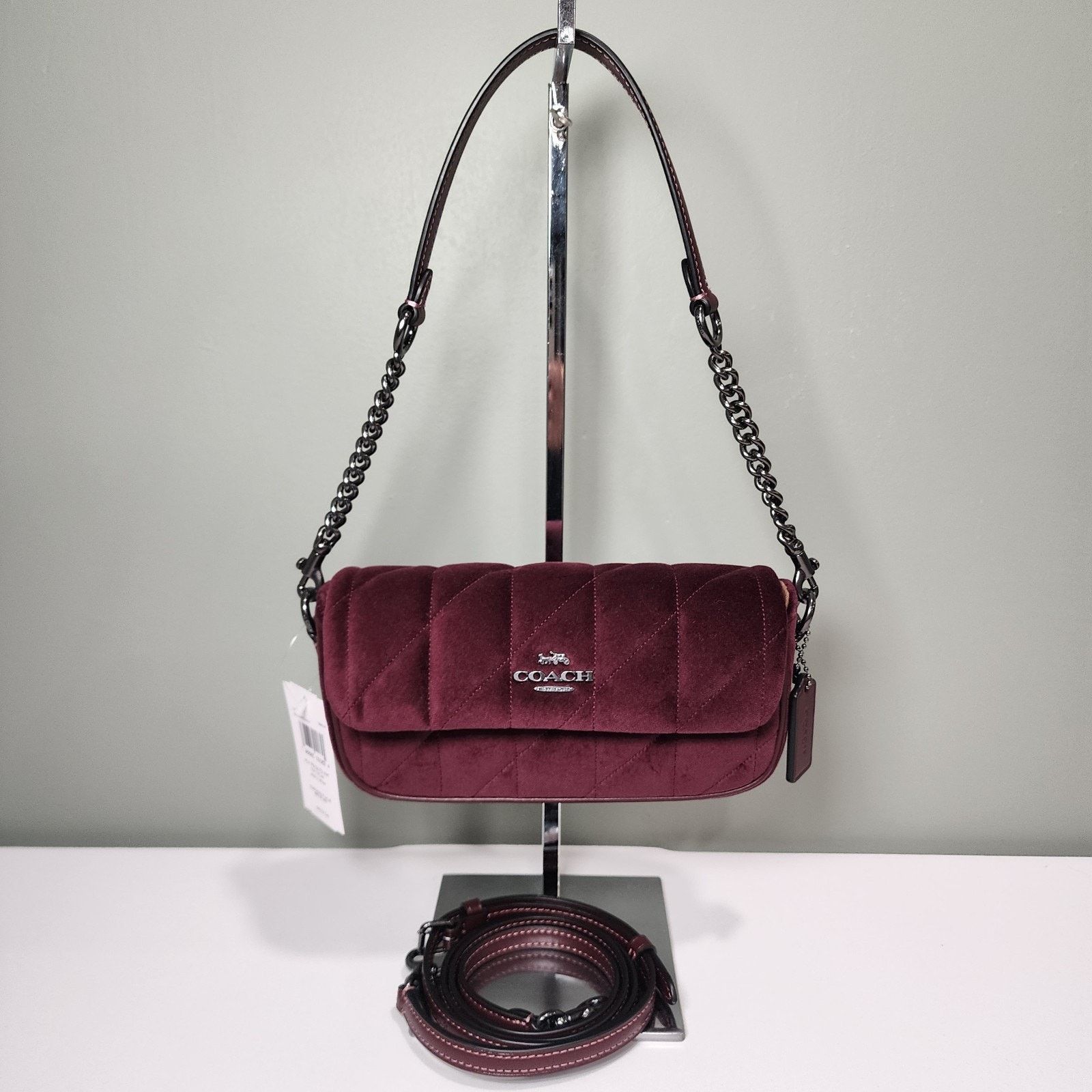 COACH CCE13 Hailey Flap Bag Velvet With Quilting Burgundy
