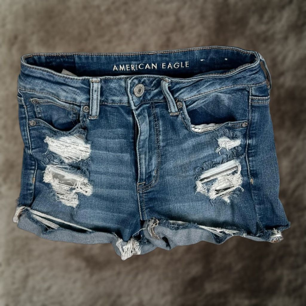 American Eagle Outfitters American Eagle Shorts Womens 8 Blue Hi-Rise Shortie Distressed Denim Cutoff Size 30" / US 8 / IT 44 - 1 Thumbnail