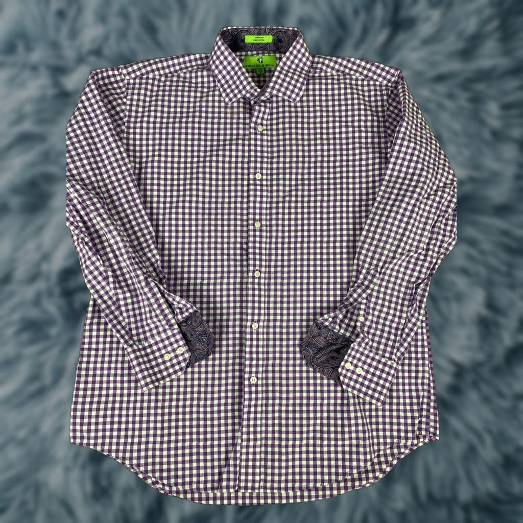 Vintage VINTAGE Bristol & Bull Button-Down Dress Shirt Purple Checkered Paisley XL 17.5 34/35 Mens Chest 25in Pit to Pit 31.25in Shoulder to Bottom Size 48R - 1 Thumbnail