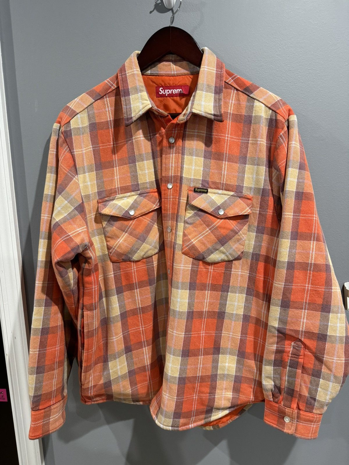 image of Supreme Quilted Flannel Snap Shirt in Orange, Men's (Size Small)