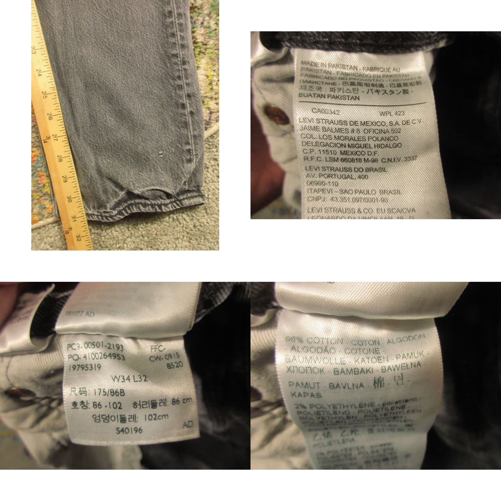 Levi's LEVI'S 501 Jeans 34x32 Regular Rise Black Denim Button Fly Straight 5-Pocket Mens Vintage? No Size US 34 / EU 50 - 8 Thumbnail