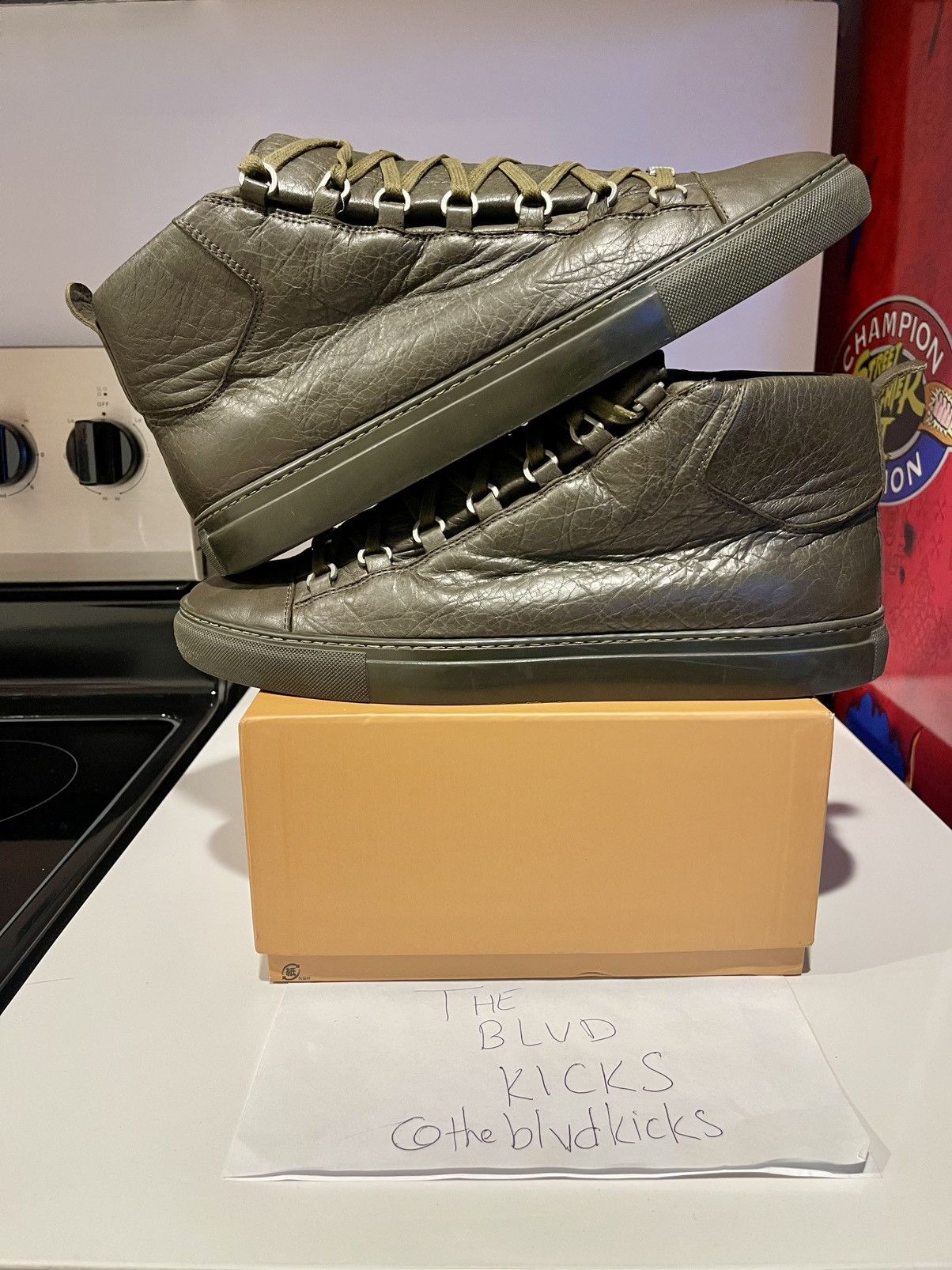 Balenciaga Balenciaga Arena High Top Leather Sneaker Olive Green Size US 13 / EU 46 - 3 Thumbnail