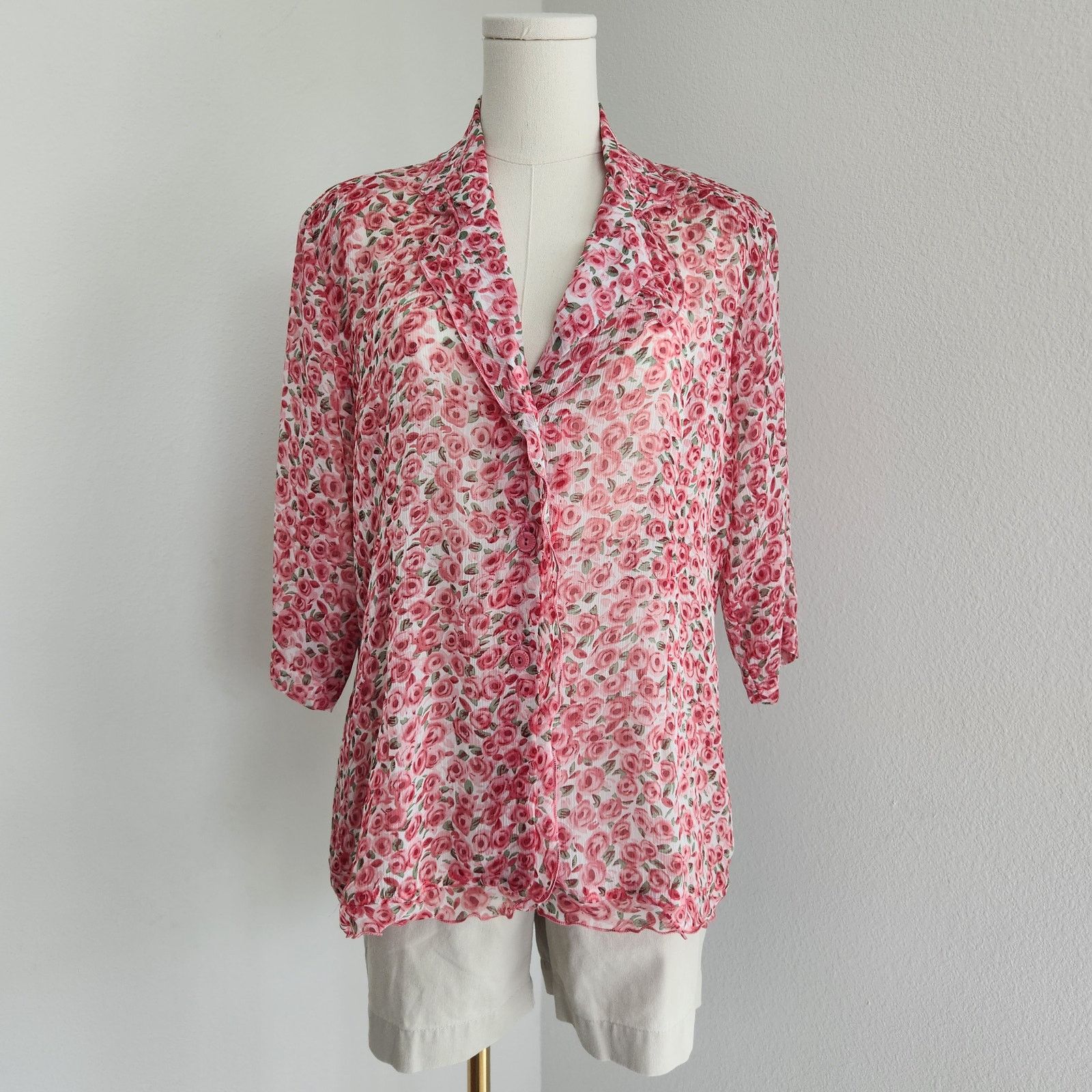 Vintage Vintage 80s Rose Print Sheer Button Down Blouse EU 42 L Size L / US 10 / IT 46 - 12 Thumbnail