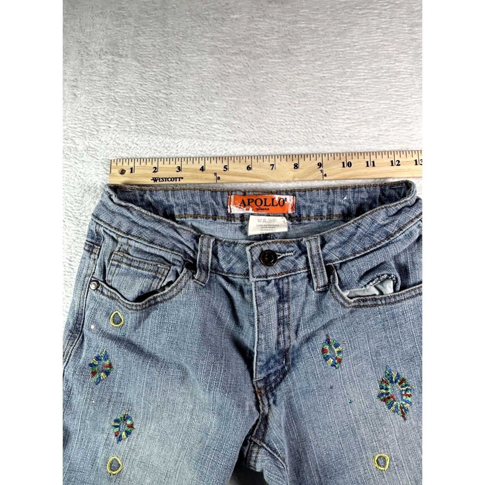Vintage VINTAGE Apollo Women's Jeans Regular Blue Light Wash Embroidered 3/4 27in 5-Pocket Denim Straight Size 26" / US 2 / IT 38 - 6 Thumbnail