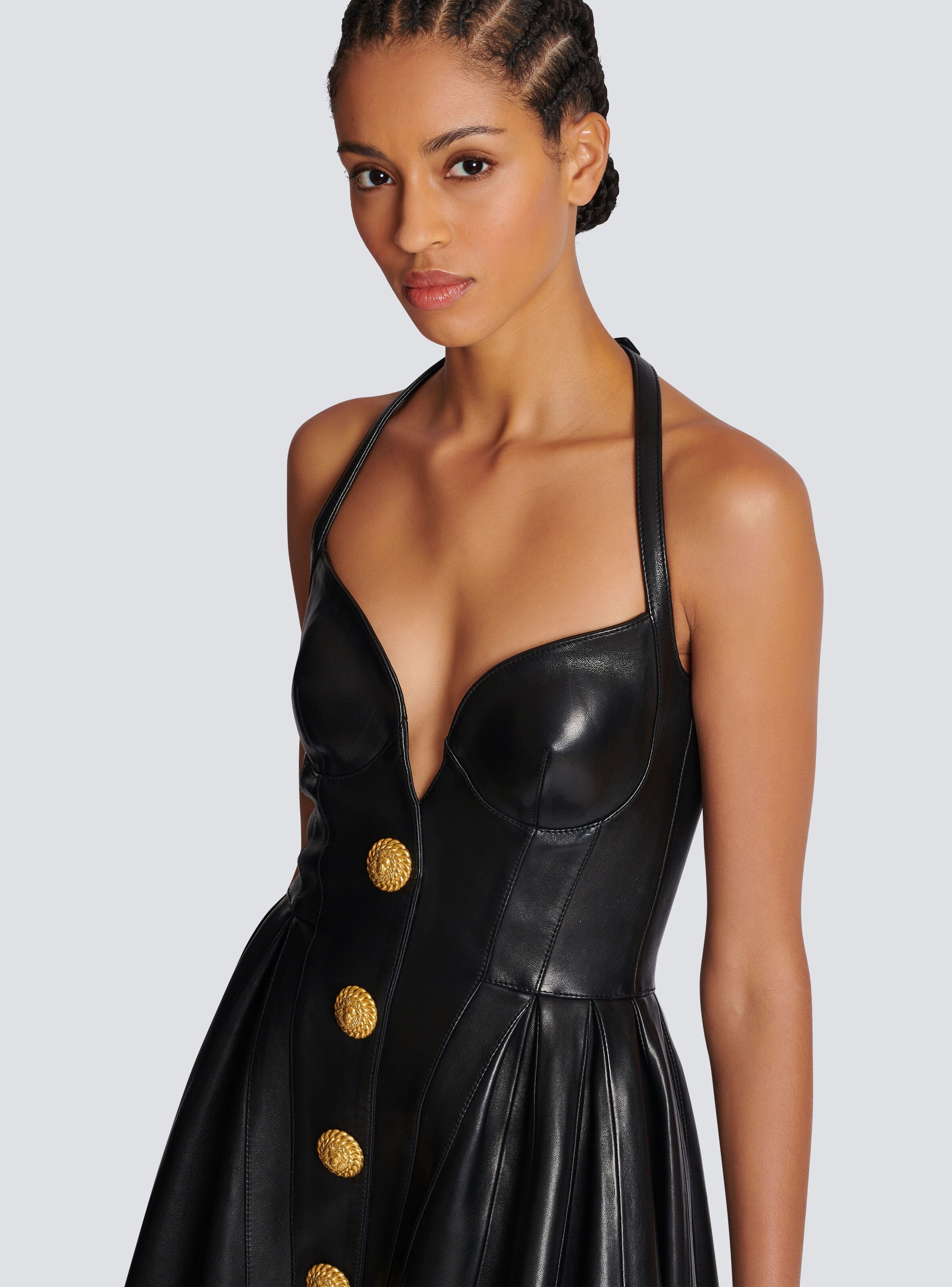 Balmain o1s1wg110825 Lambskin Leather Skater Dress in Black Size XL / US 12-14 / IT 48-50 - 8 Thumbnail