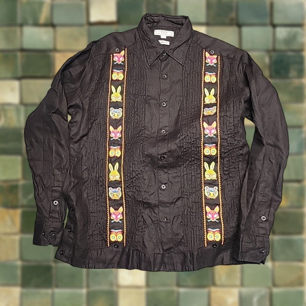 VINTAGE Enzo Shirt Mens L Black Embroidered 100% Linen Pleated Guayabera Festival Boho