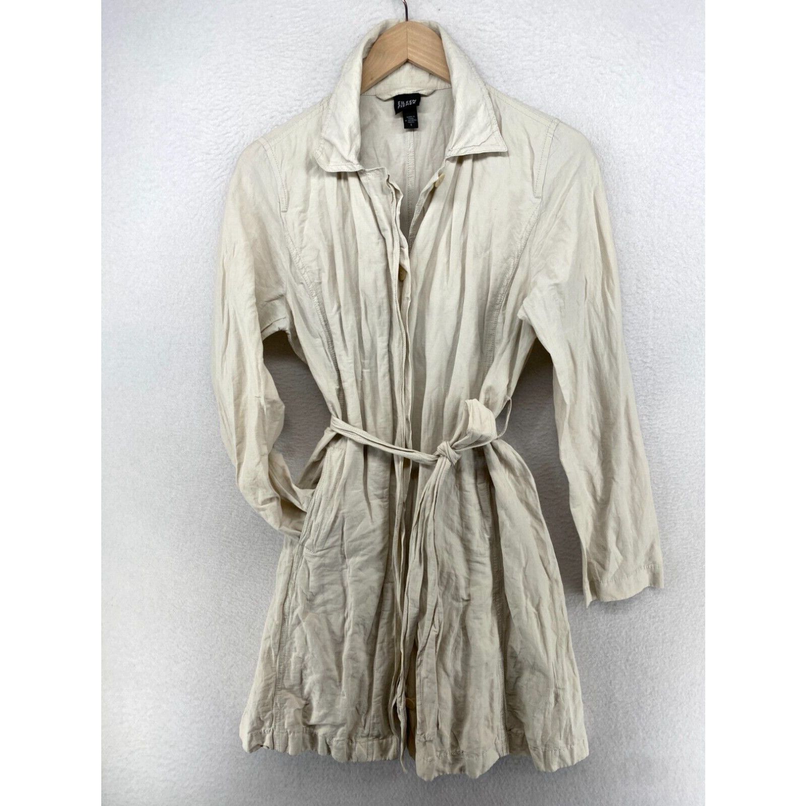 Image of Eileen Fisher Trench Coat Small Cotton Metallic Button Front Belted Ivory in White, Women's