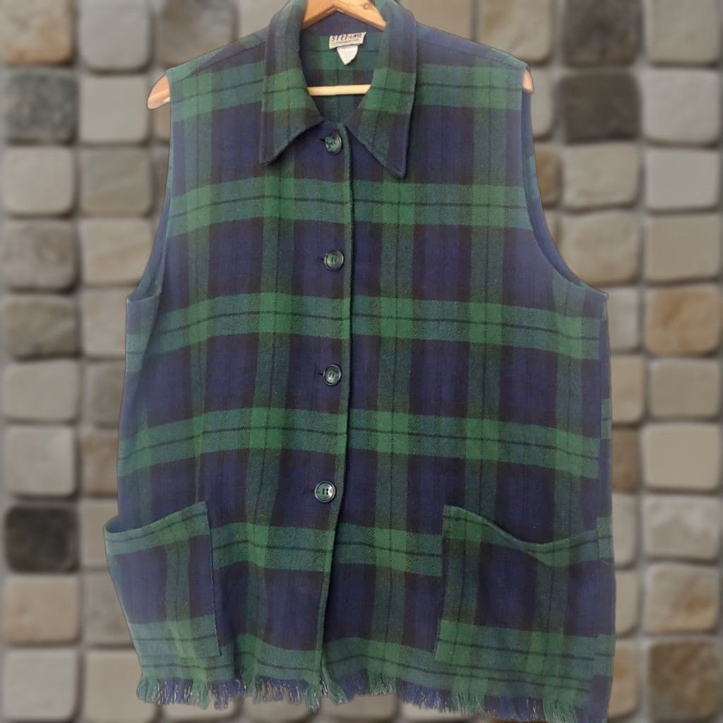 Vintage VINTAGE Stefano ILGWU Vest Women's L Blackwatch Plaid Fringe Button Collared Cotton-Acrylic Knit-Woven Blue-Green ILGWU USA Classic Size L / US 10 / IT 46 - 1 Thumbnail