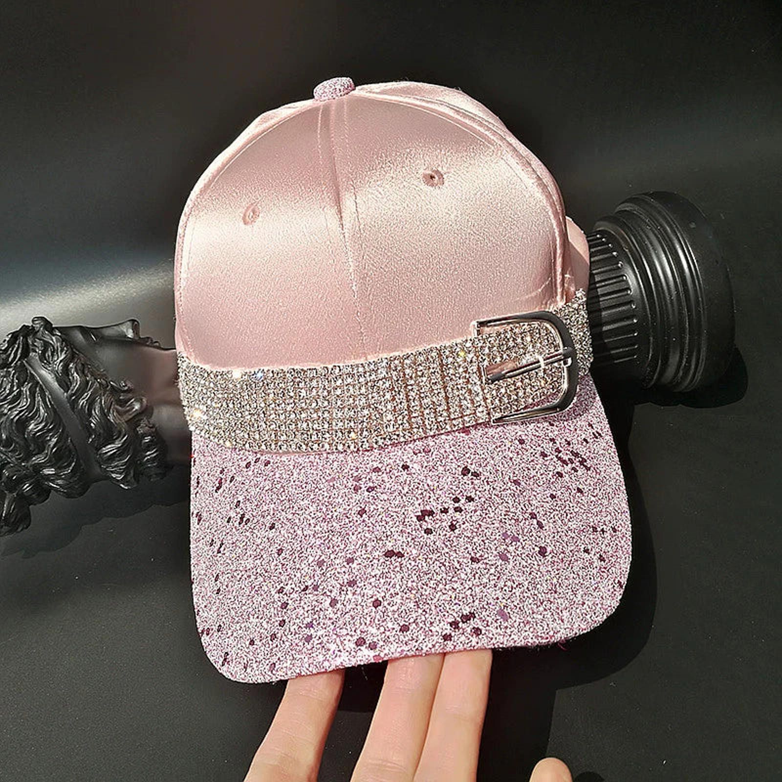 Jewelry Pink Satin Glitter Baseball Cap with Rhinestone Belt Size ONE SIZE - 2 Thumbnail