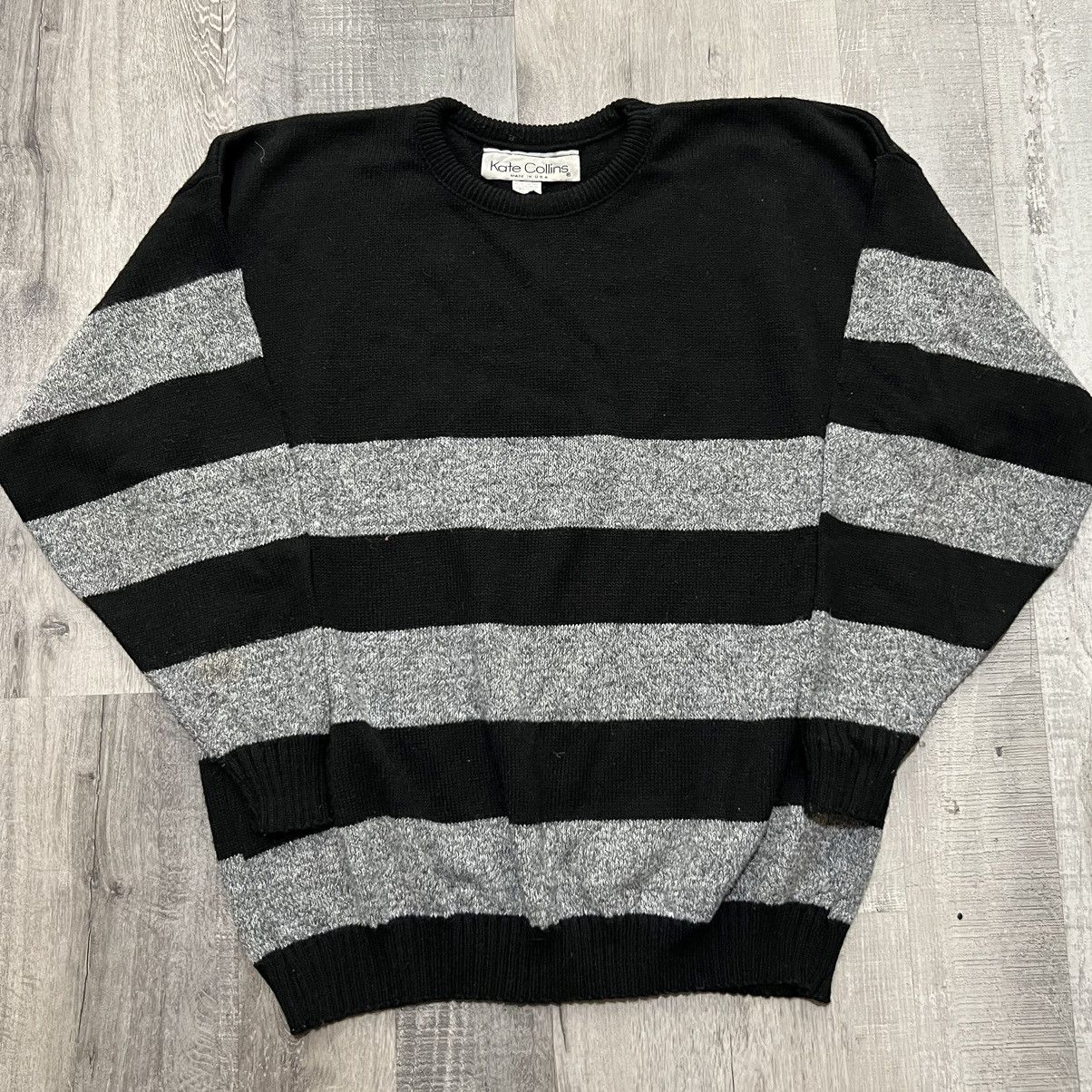 Vintage VTG Kate Collins Black Grey Striped USA Knit Stripe Sweater Size L / US 10 / IT 46 - 1 Thumbnail