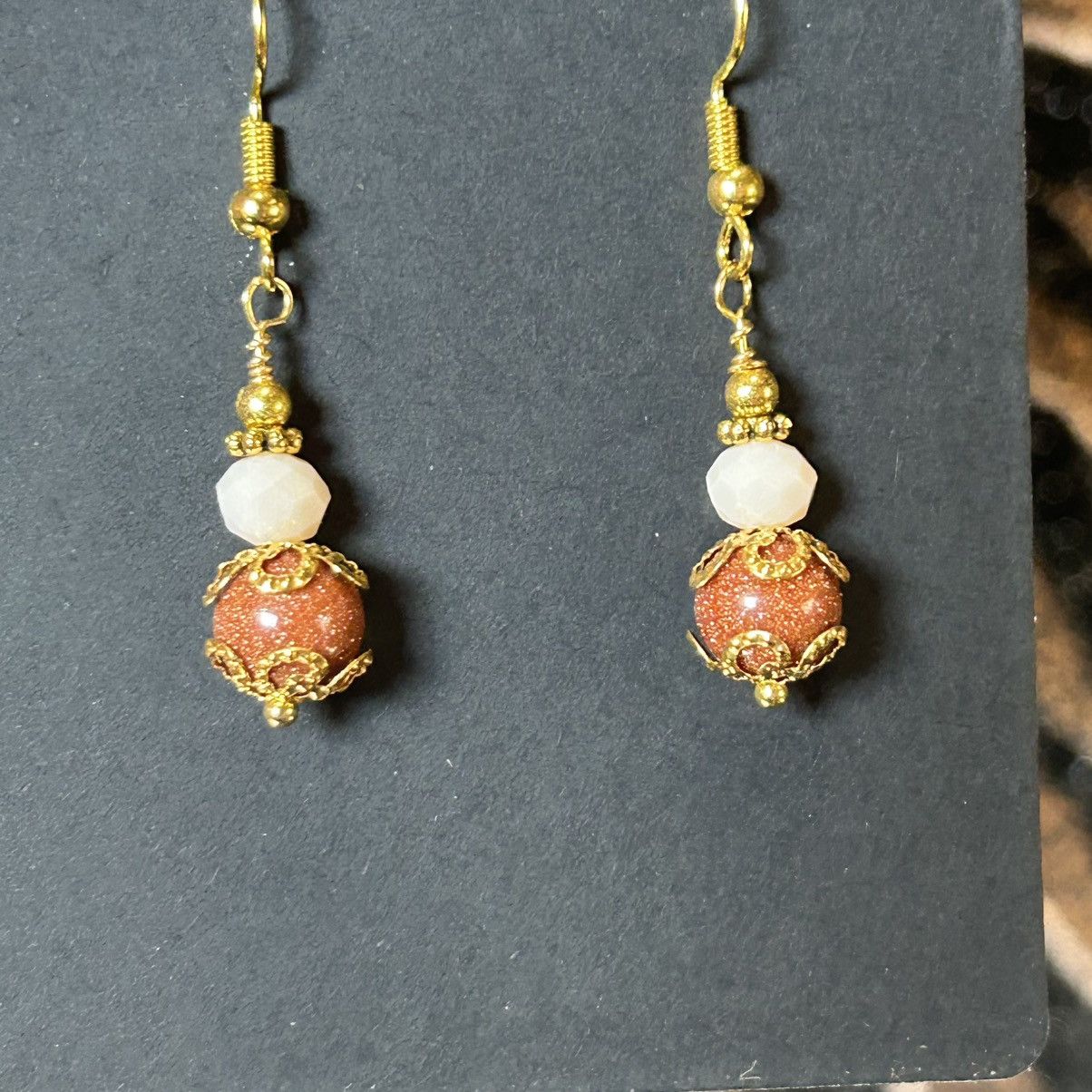 Handmade Handcrafted elegant filigree bead capped goldstone earrings Size ONE SIZE - 2 Thumbnail
