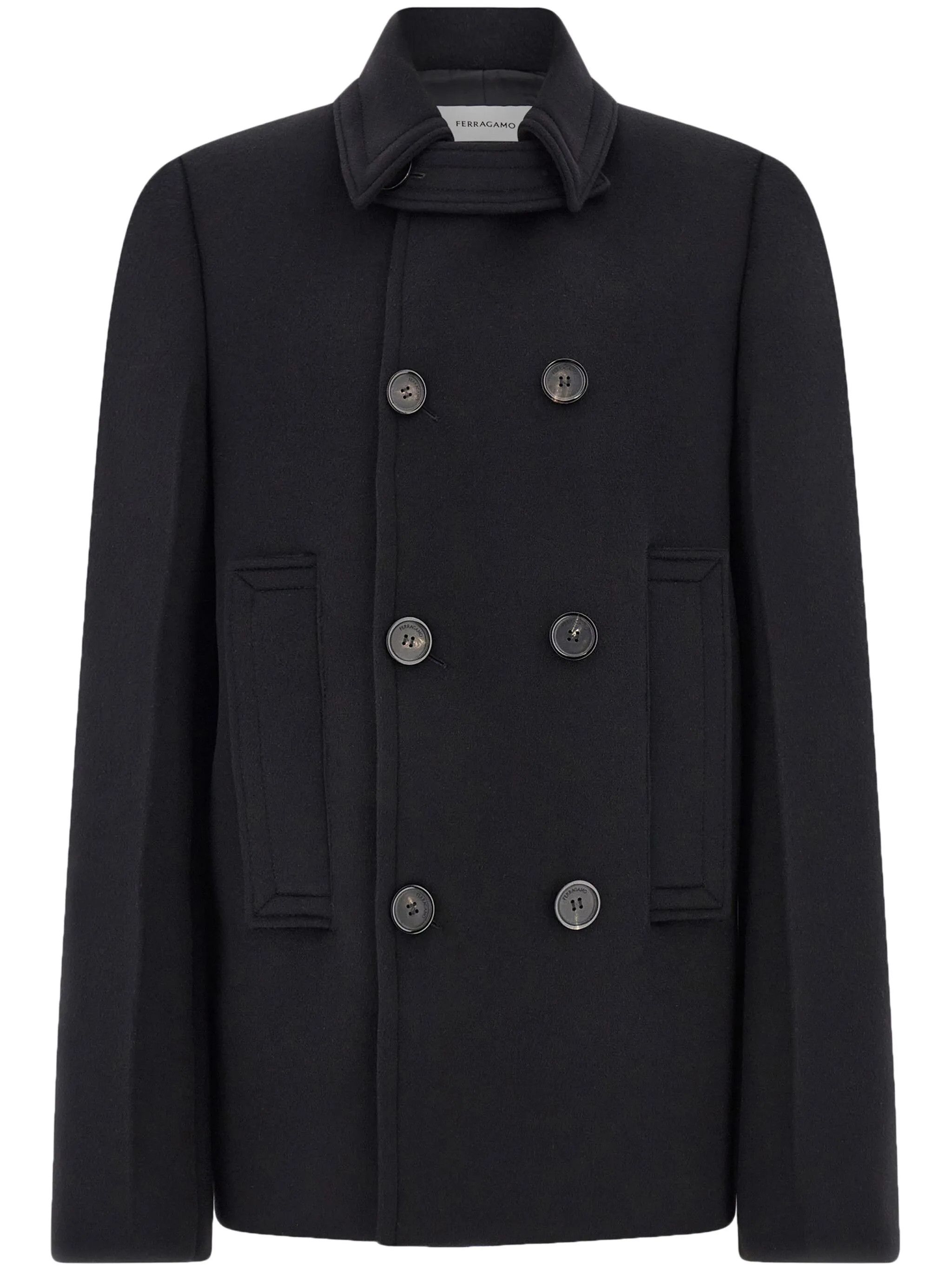 Salvatore Ferragamo o1s1rm0226 Virgin Wool-blend Peacoat in Black Size US XL / EU 56 / 4 - 1 Thumbnail