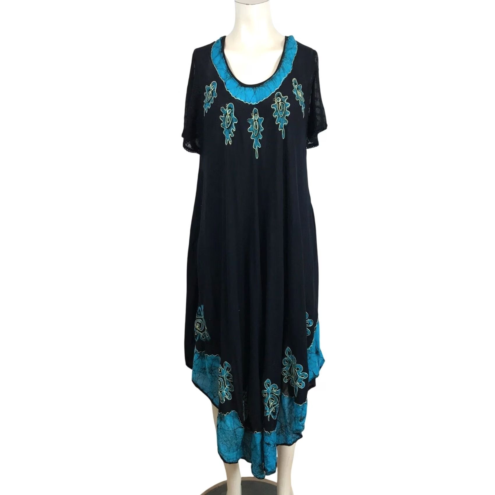 Vintage VINTAGE Sakkas WOMEN'S One Size SHORT SLEEVE BOHO DRESS Black Turquoise Midi Sundress Womens OS Dresses Size 42" / US 20 - 2 Thumbnail